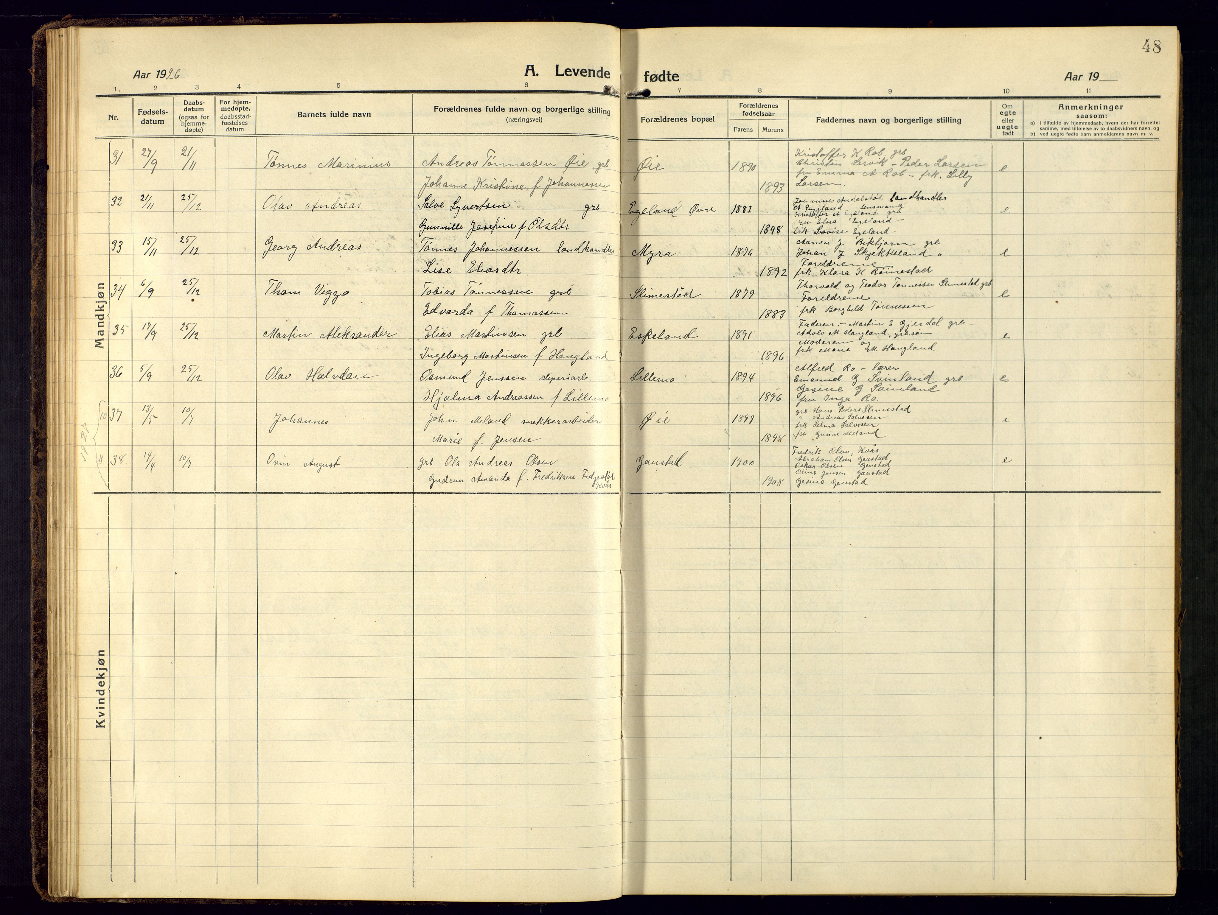 Kvinesdal sokneprestkontor, AV/SAK-1111-0026/F/Fb/Fbb/L0004: Parish register (copy) no. B 4, 1917-1938, p. 48