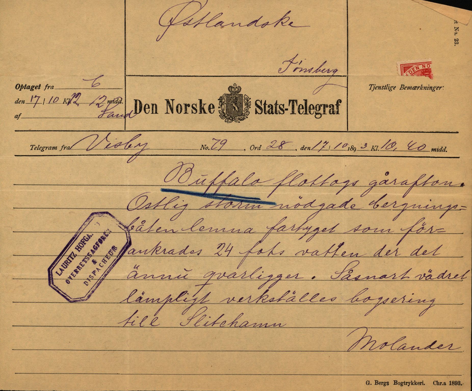 Pa 63 - Østlandske skibsassuranceforening, VEMU/A-1079/G/Ga/L0029/0009: Havaridokumenter / Anette, Agathe, Agra, Buffalo, 1893, p. 63