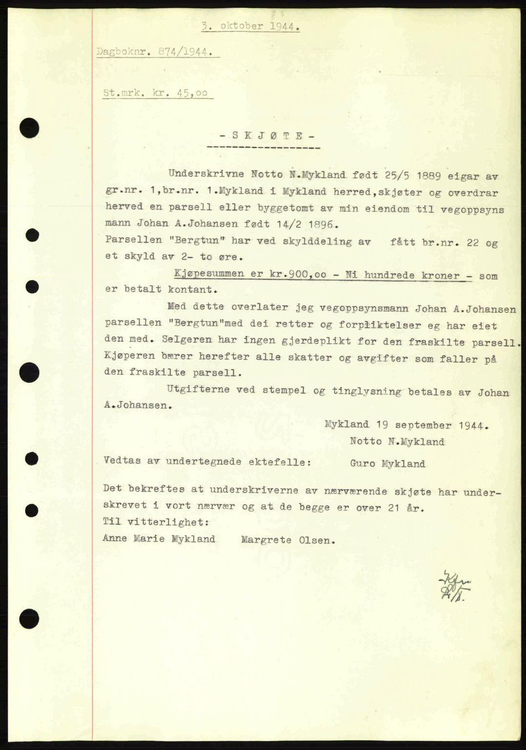 Nedenes sorenskriveri, SAK/1221-0006/G/Gb/Gba/L0052: Mortgage book no. A6a, 1944-1945, Diary no: : 874/1944