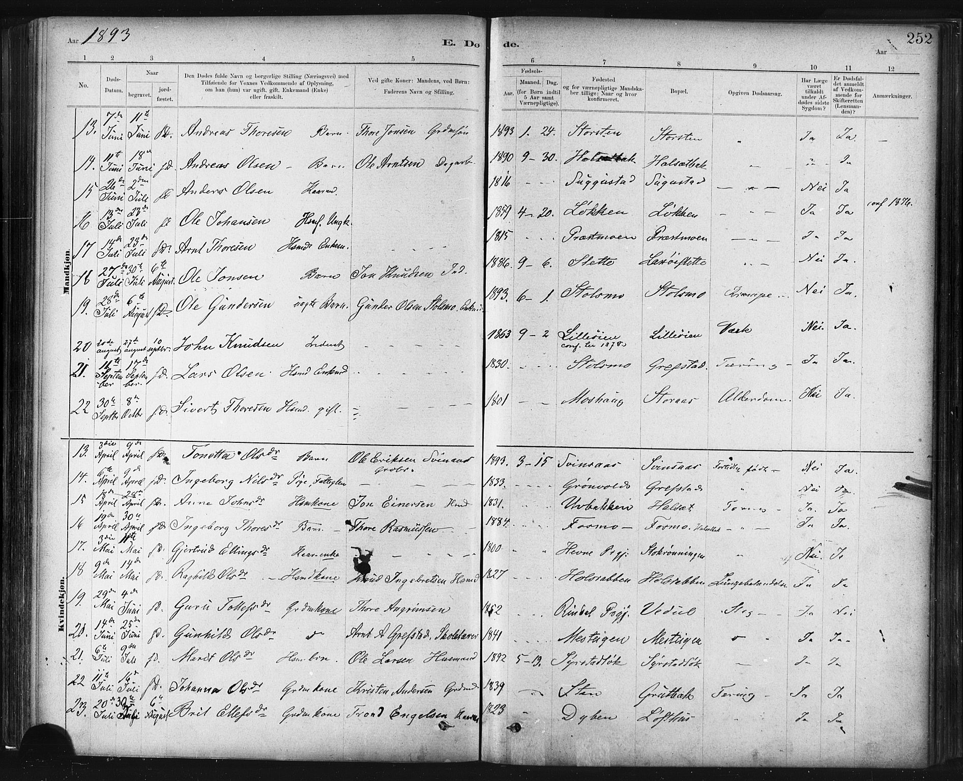Ministerialprotokoller, klokkerbøker og fødselsregistre - Sør-Trøndelag, SAT/A-1456/672/L0857: Parish register (official) no. 672A09, 1882-1893, p. 252