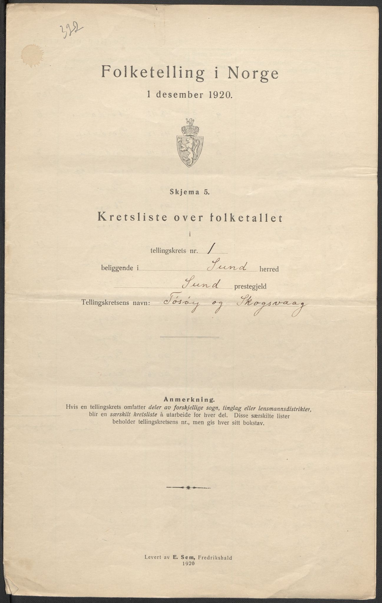 SAB, 1920 census for Sund, 1920, p. 5