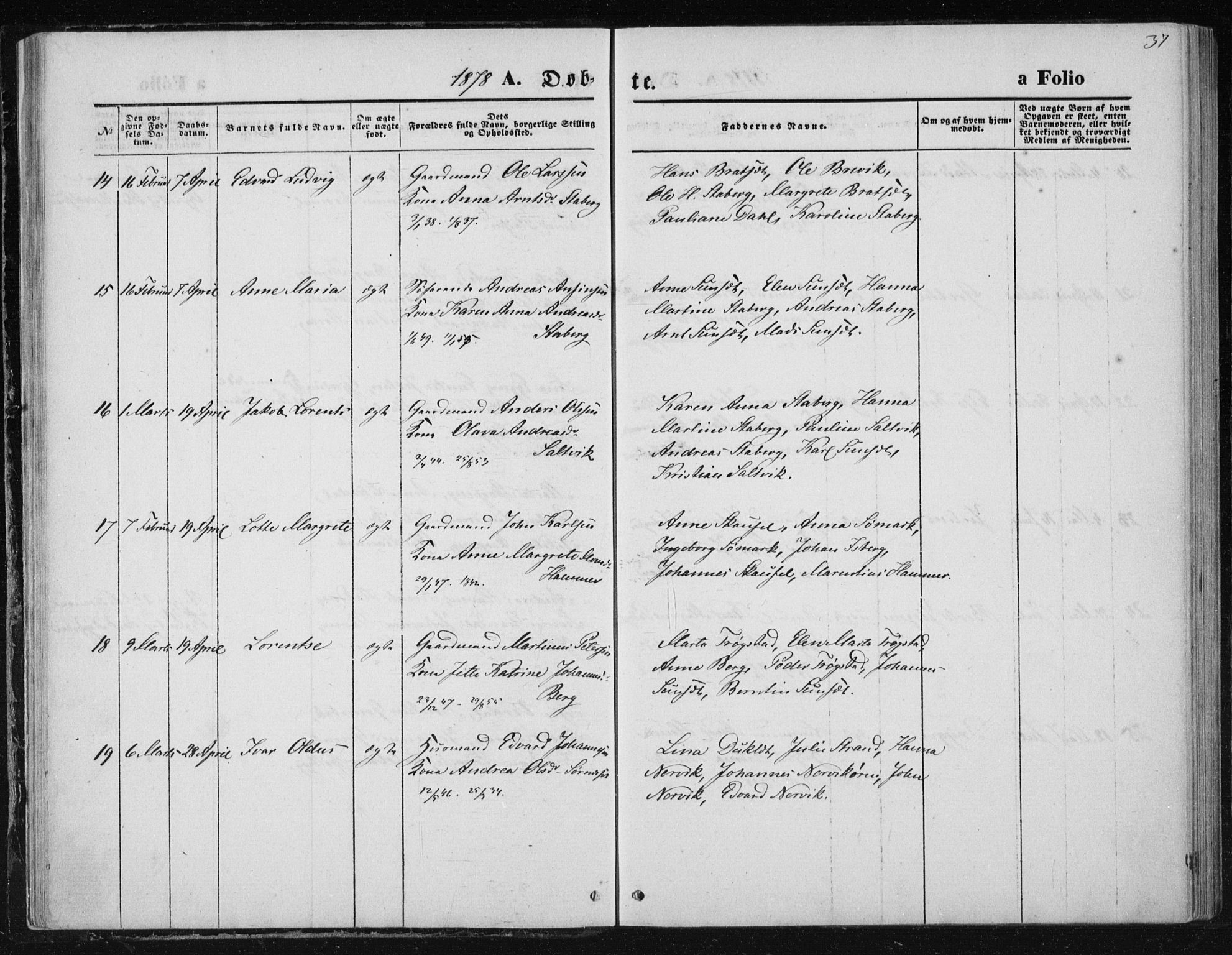 Ministerialprotokoller, klokkerbøker og fødselsregistre - Nord-Trøndelag, AV/SAT-A-1458/733/L0324: Parish register (official) no. 733A03, 1870-1883, p. 37