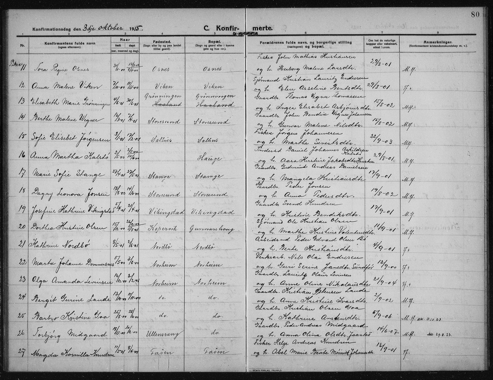 Torvastad sokneprestkontor, AV/SAST-A -101857/H/Ha/Haa/L0019: Parish register (official) no. A 18, 1912-1920, p. 80