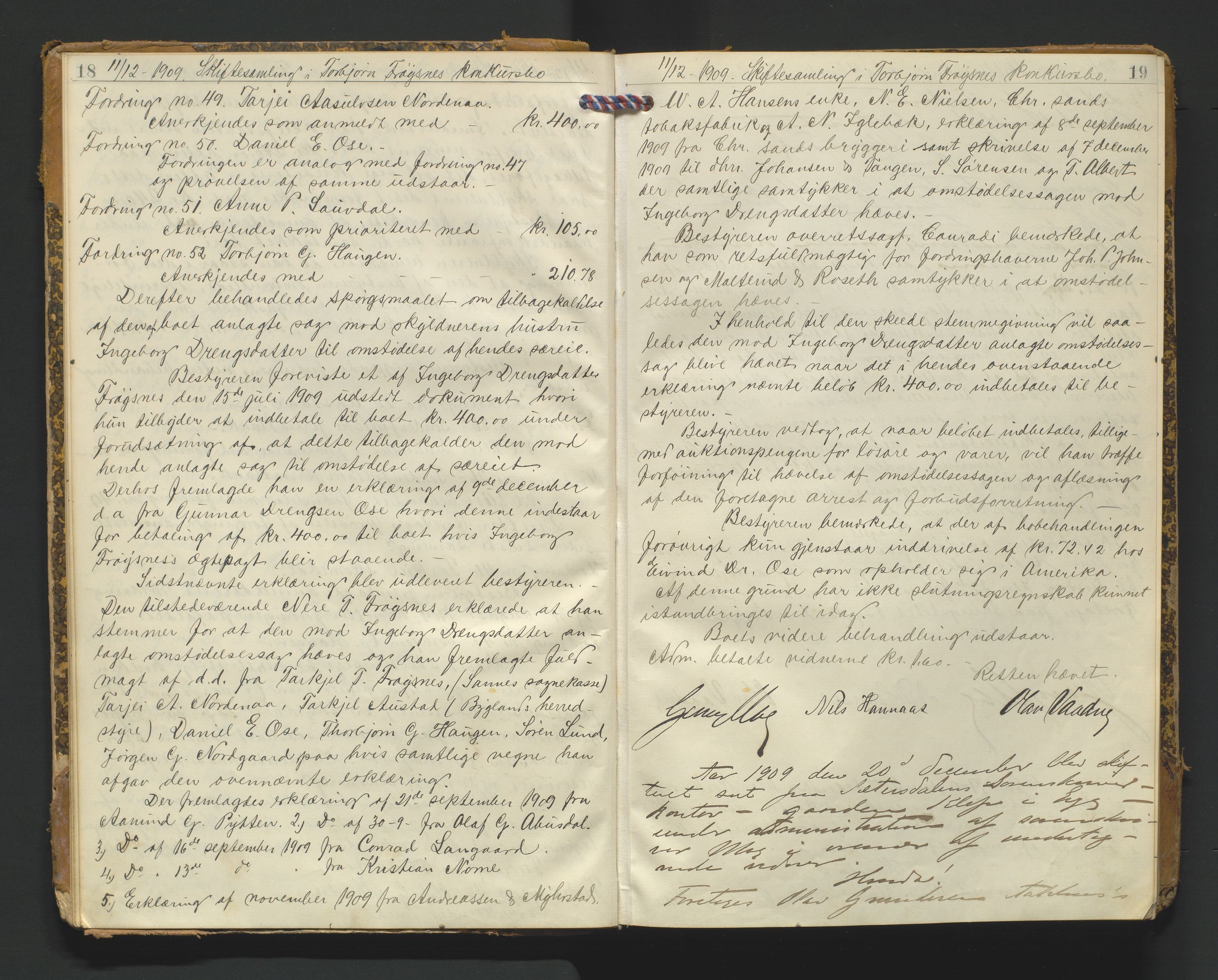 Setesdal sorenskriveri, AV/SAK-1221-0011/H/Hc/L0039: Skifteforhandlingsprotokoll nr 11, 1909-1920, p. 18-19
