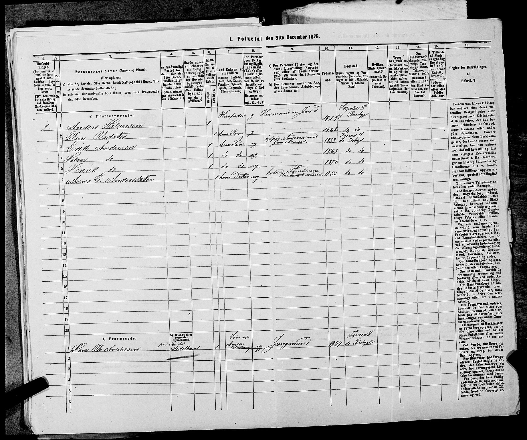 SAST, 1875 census for 1146P Tysvær, 1875, p. 428