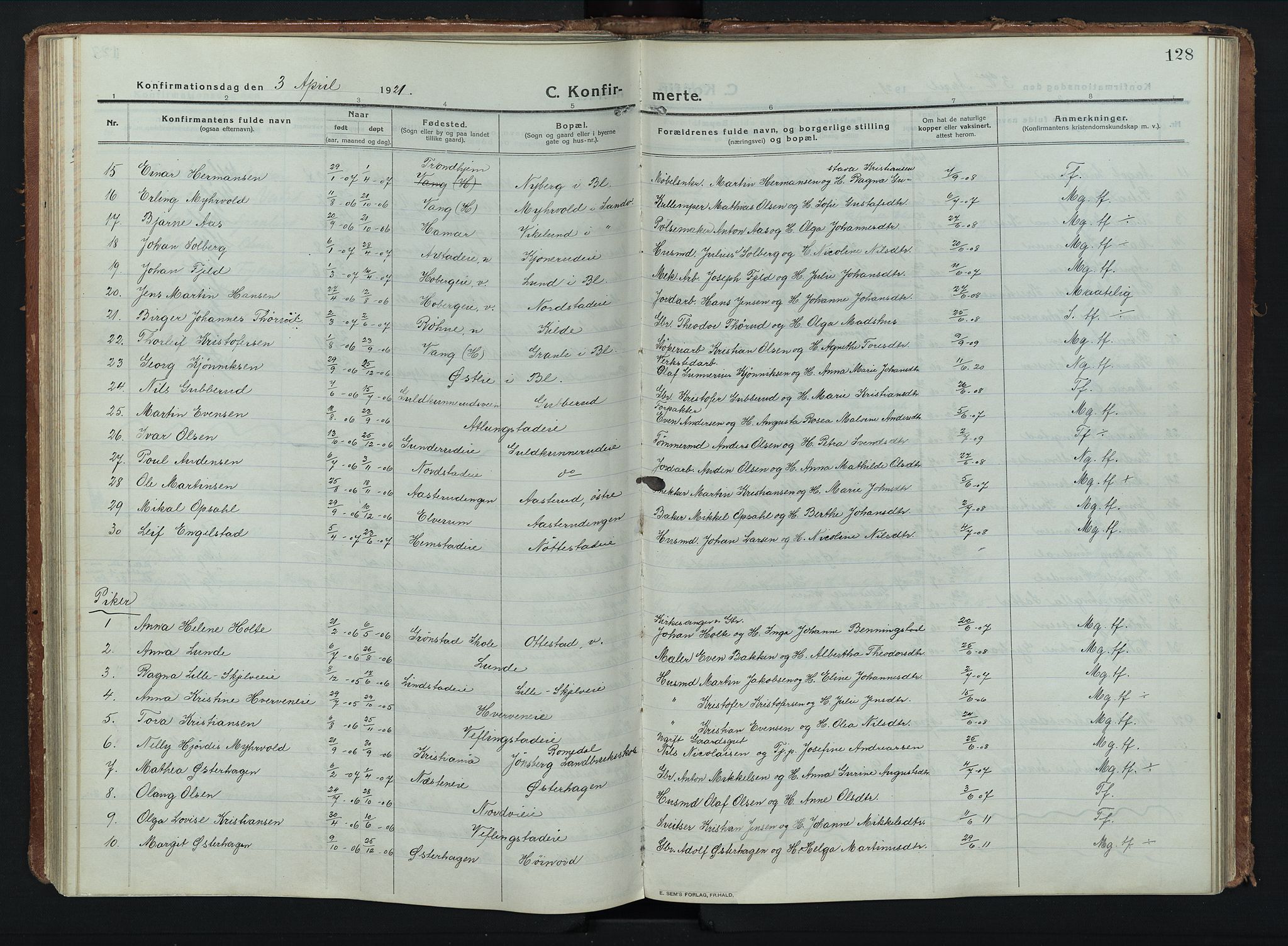 Stange prestekontor, AV/SAH-PREST-002/K/L0028: Parish register (official) no. 28, 1913-1932, p. 128