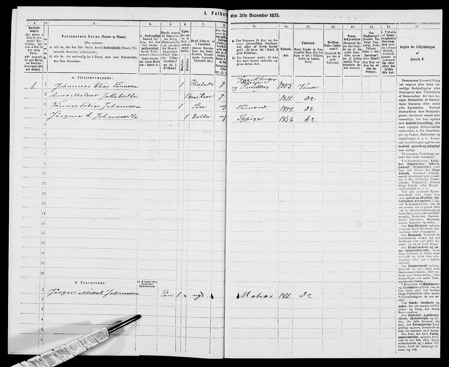 SAK, 1875 census for 1041L Vanse/Vanse og Farsund, 1875, p. 695