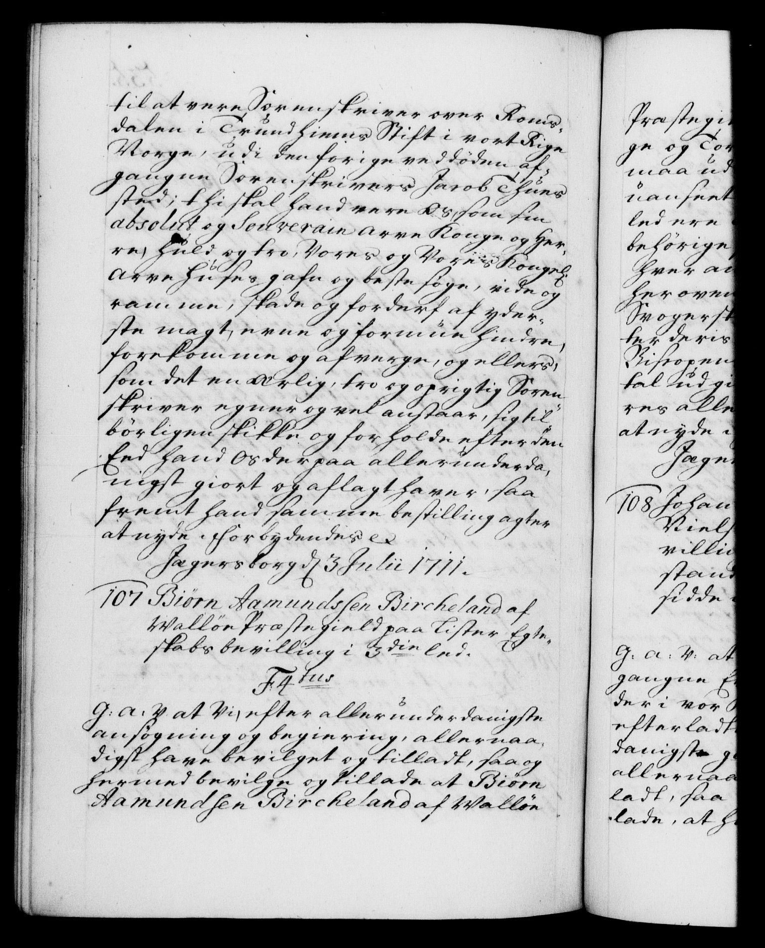 Danske Kanselli 1572-1799, AV/RA-EA-3023/F/Fc/Fca/Fcaa/L0020: Norske registre, 1708-1711, p. 535b