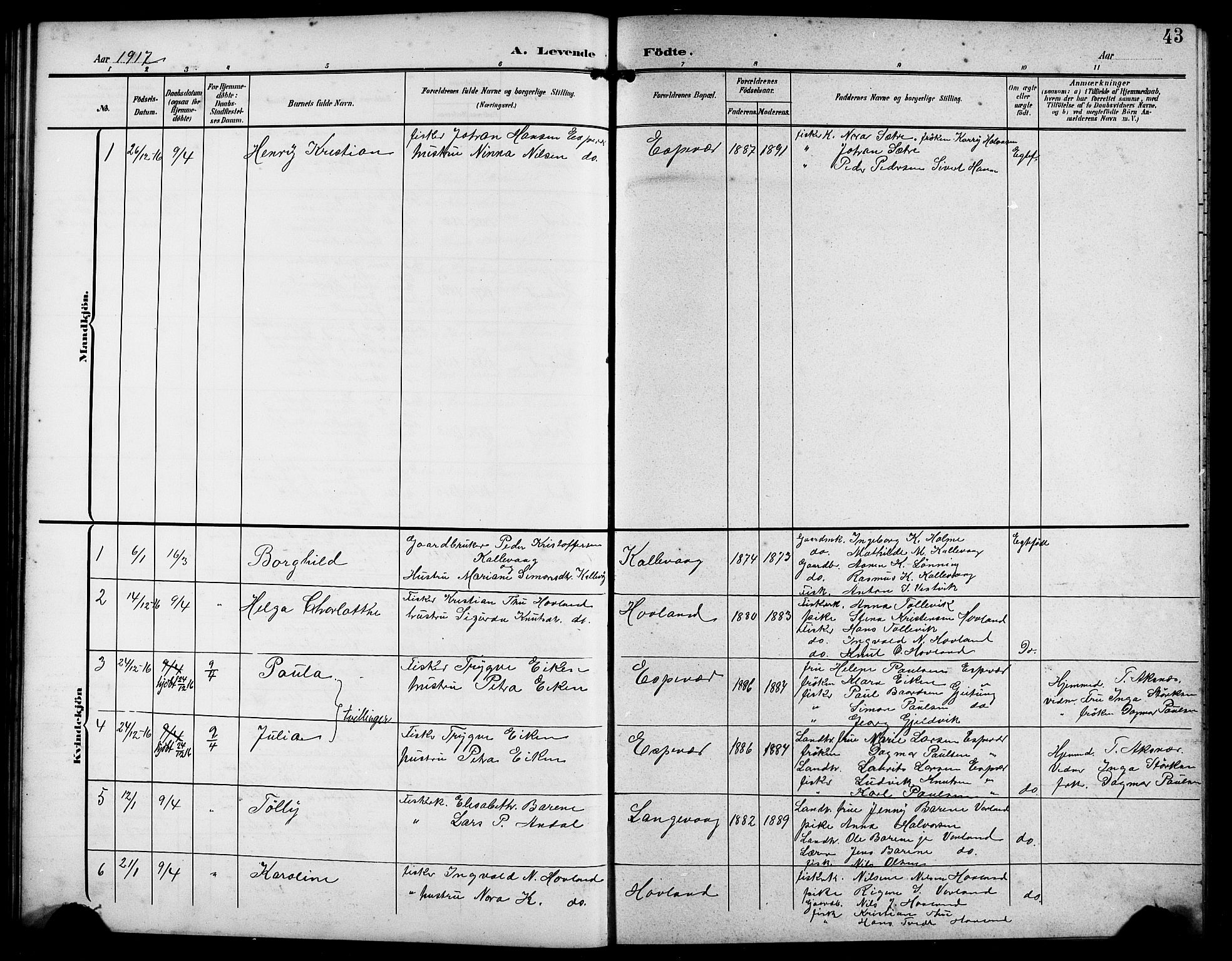 Finnås sokneprestembete, AV/SAB-A-99925/H/Ha/Hab/Habc/L0003: Parish register (copy) no. C 3, 1907-1917, p. 43