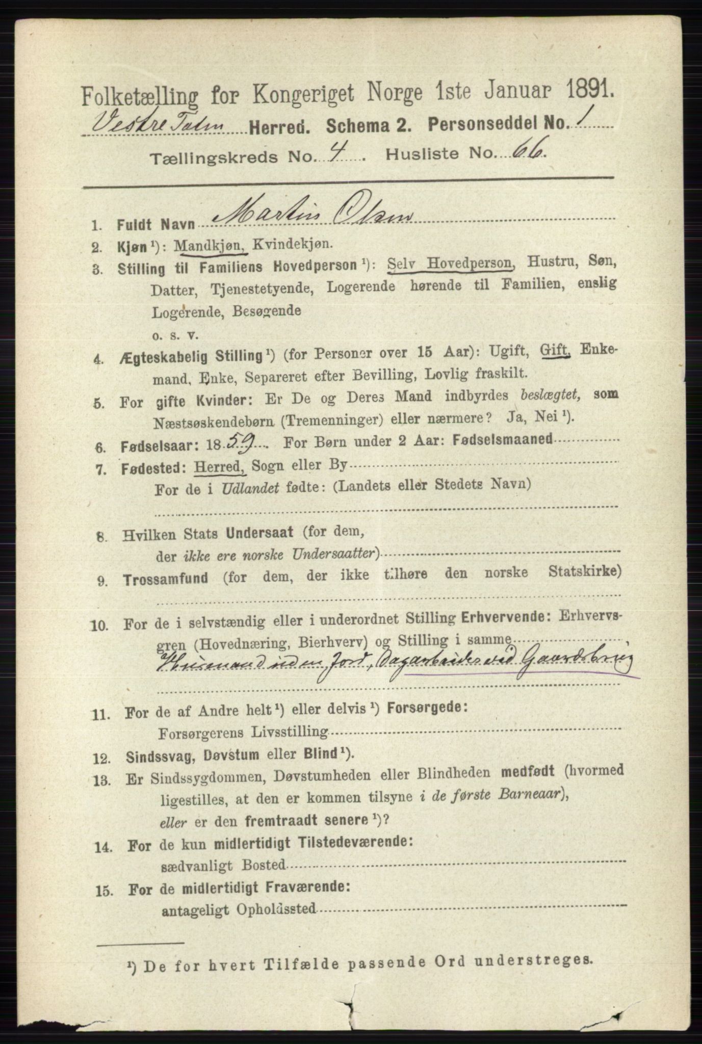 RA, 1891 census for 0529 Vestre Toten, 1891, p. 3124