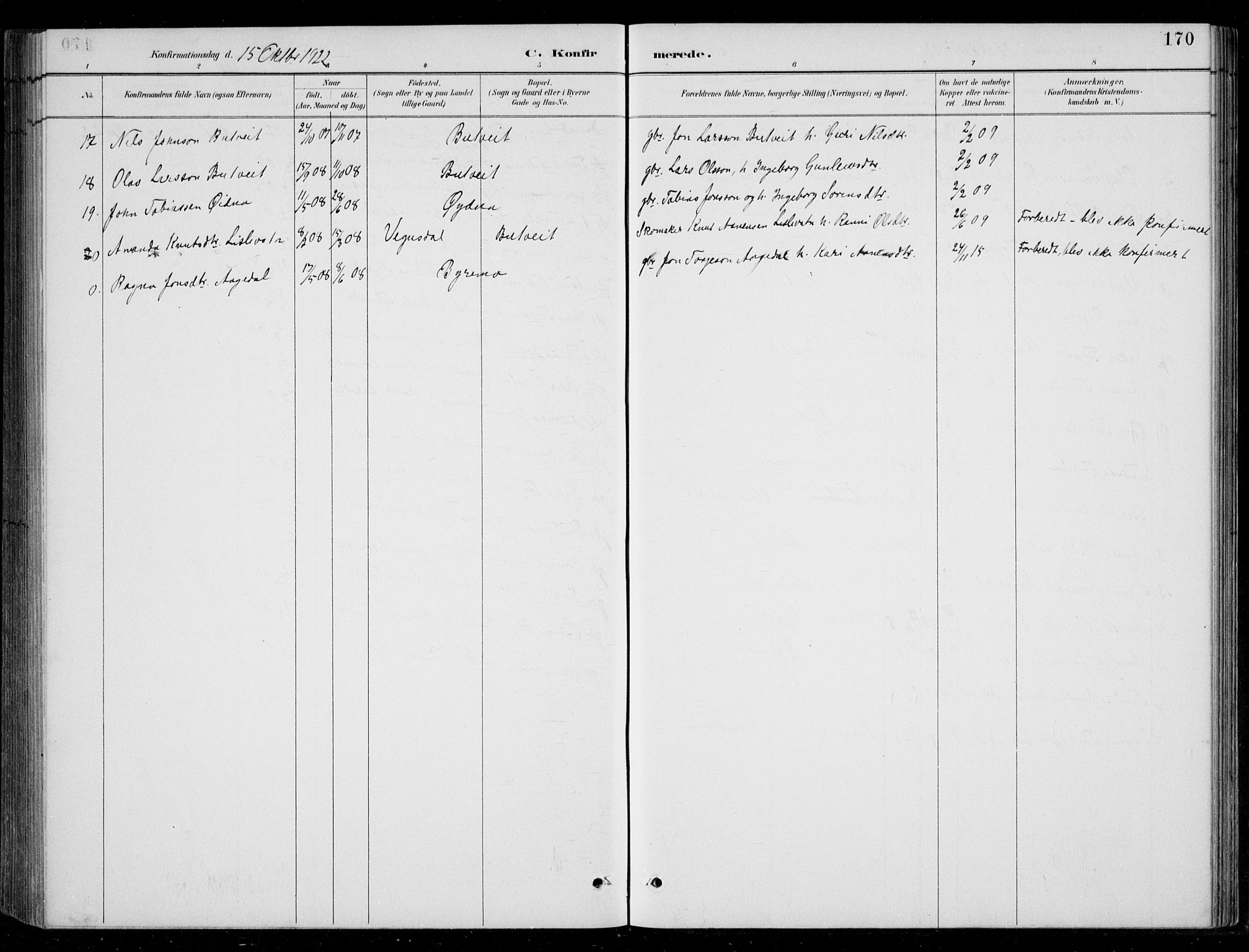 Bjelland sokneprestkontor, SAK/1111-0005/F/Fb/Fbc/L0003: Parish register (copy) no. B 3, 1887-1924, p. 170