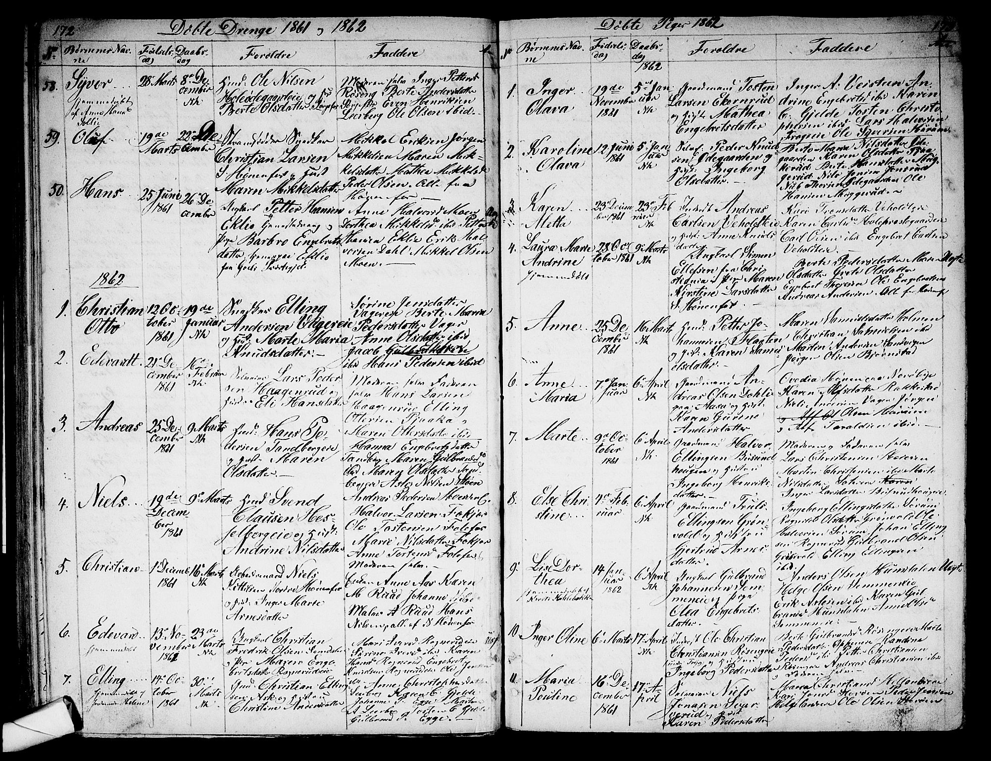 Norderhov kirkebøker, AV/SAKO-A-237/G/Ga/L0005: Parish register (copy) no. I 5, 1849-1863, p. 172-173