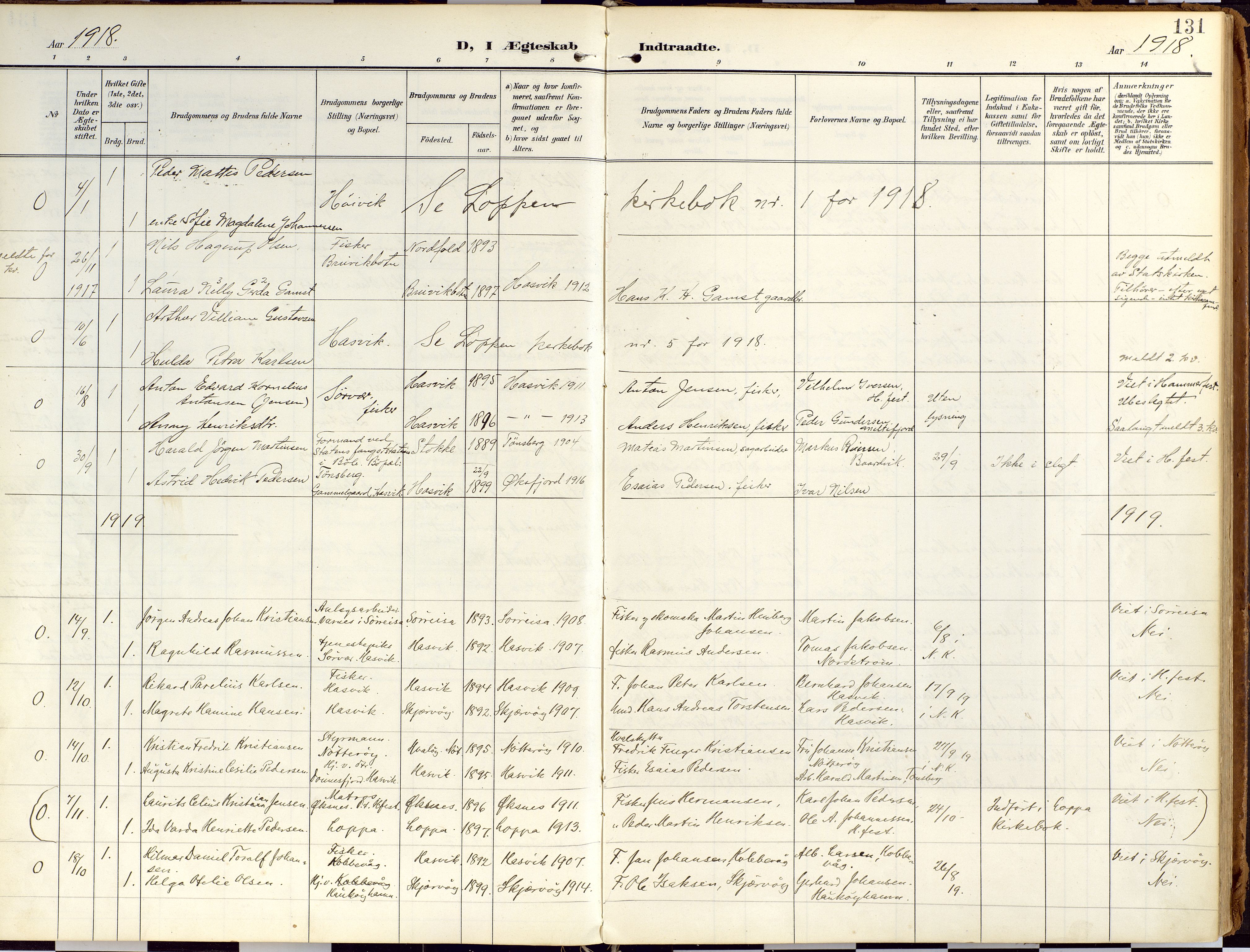 Loppa sokneprestkontor, SATØ/S-1339/H/Ha/L0010kirke: Parish register (official) no. 10, 1907-1922, p. 131
