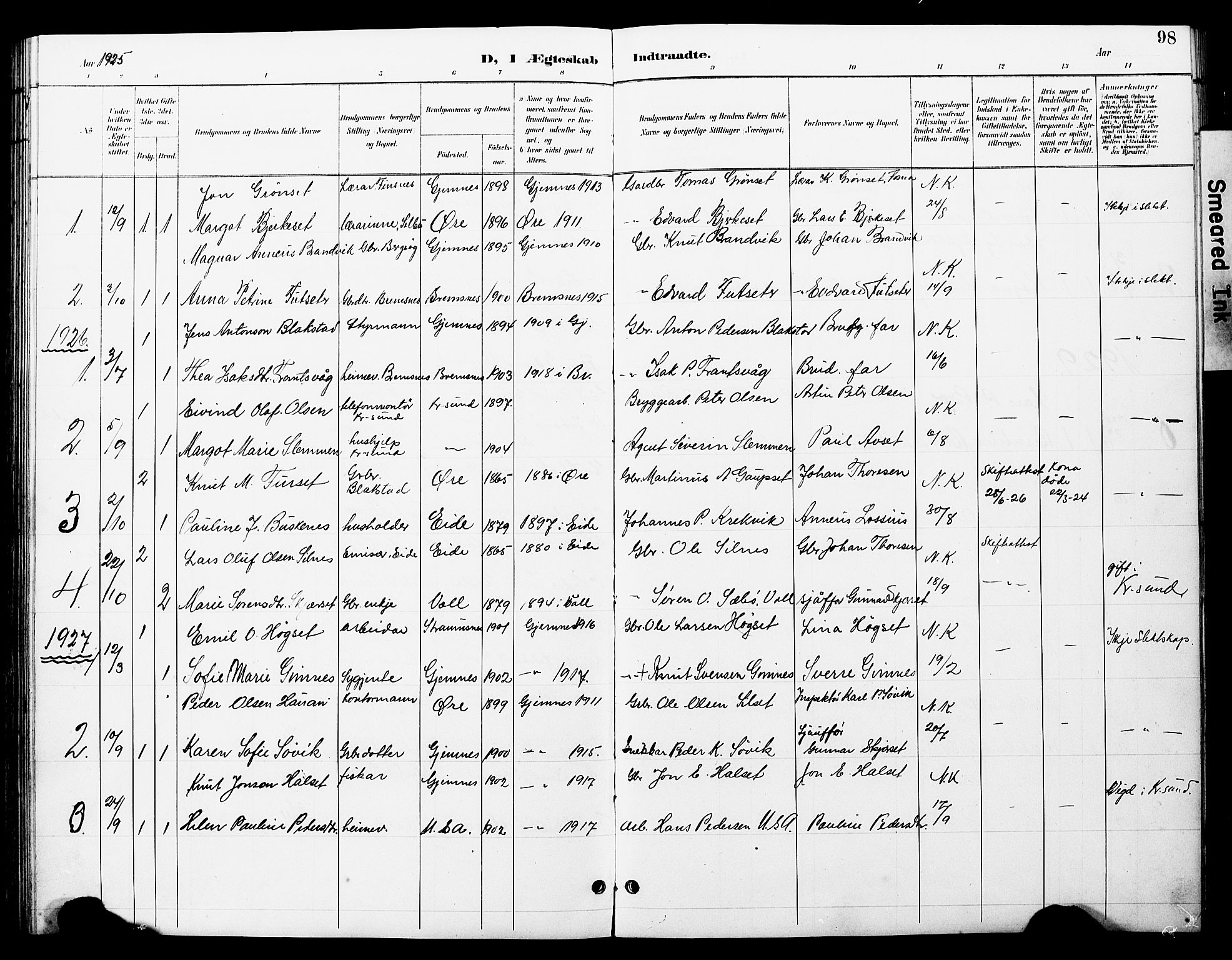 Ministerialprotokoller, klokkerbøker og fødselsregistre - Møre og Romsdal, AV/SAT-A-1454/585/L0973: Parish register (copy) no. 585C01, 1893-1930, p. 98