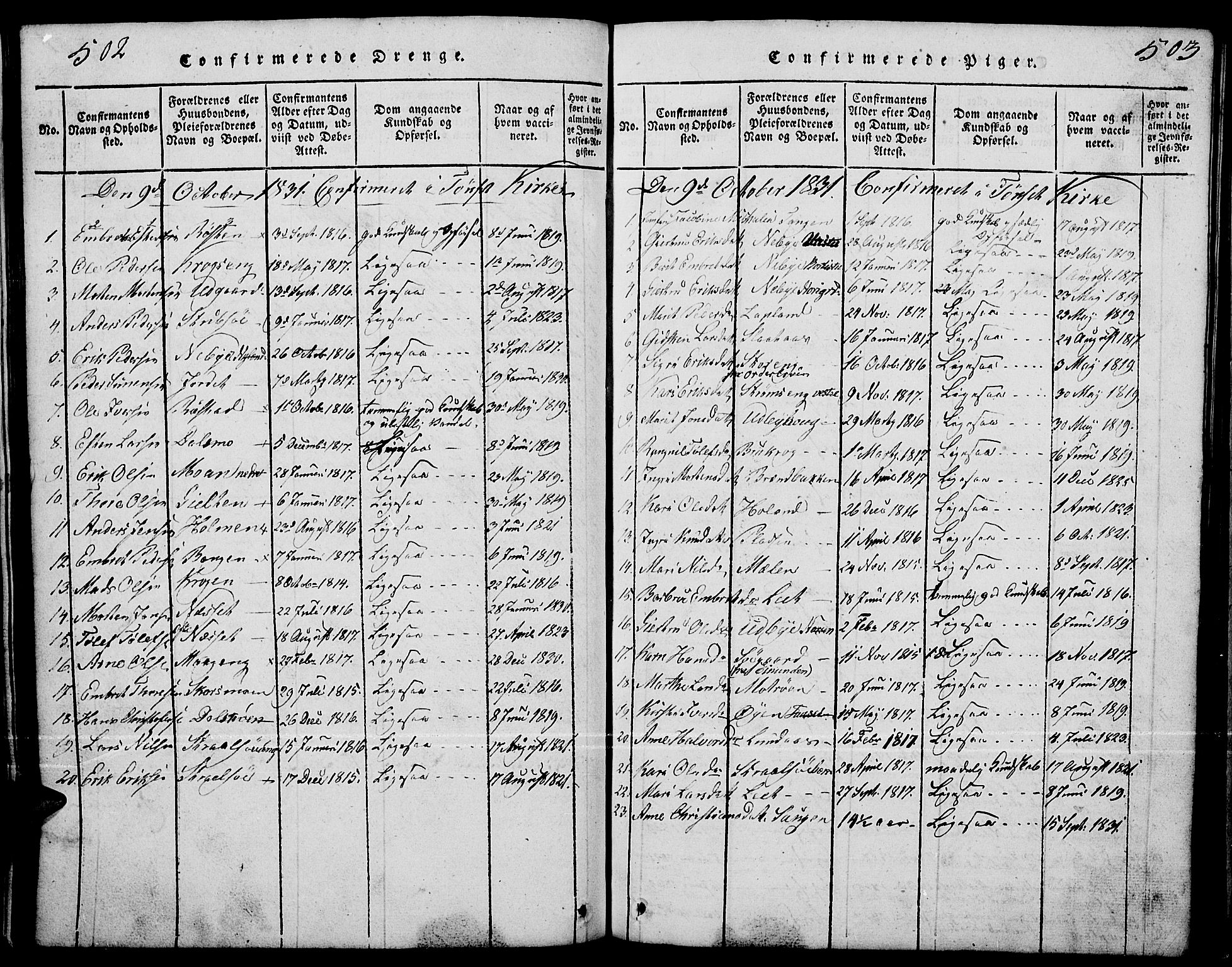 Tynset prestekontor, SAH/PREST-058/H/Ha/Hab/L0001: Parish register (copy) no. 1, 1814-1859, p. 502-503