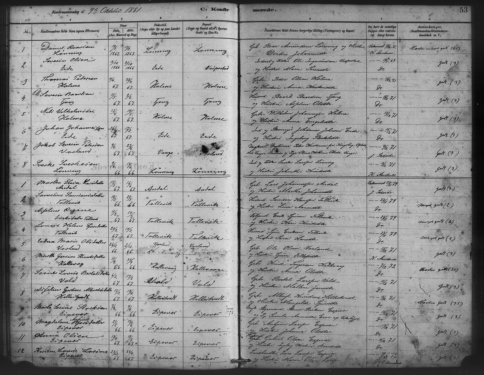 Finnås sokneprestembete, AV/SAB-A-99925/H/Ha/Haa/Haad/L0001: Parish register (official) no. D 1, 1880-1894, p. 53