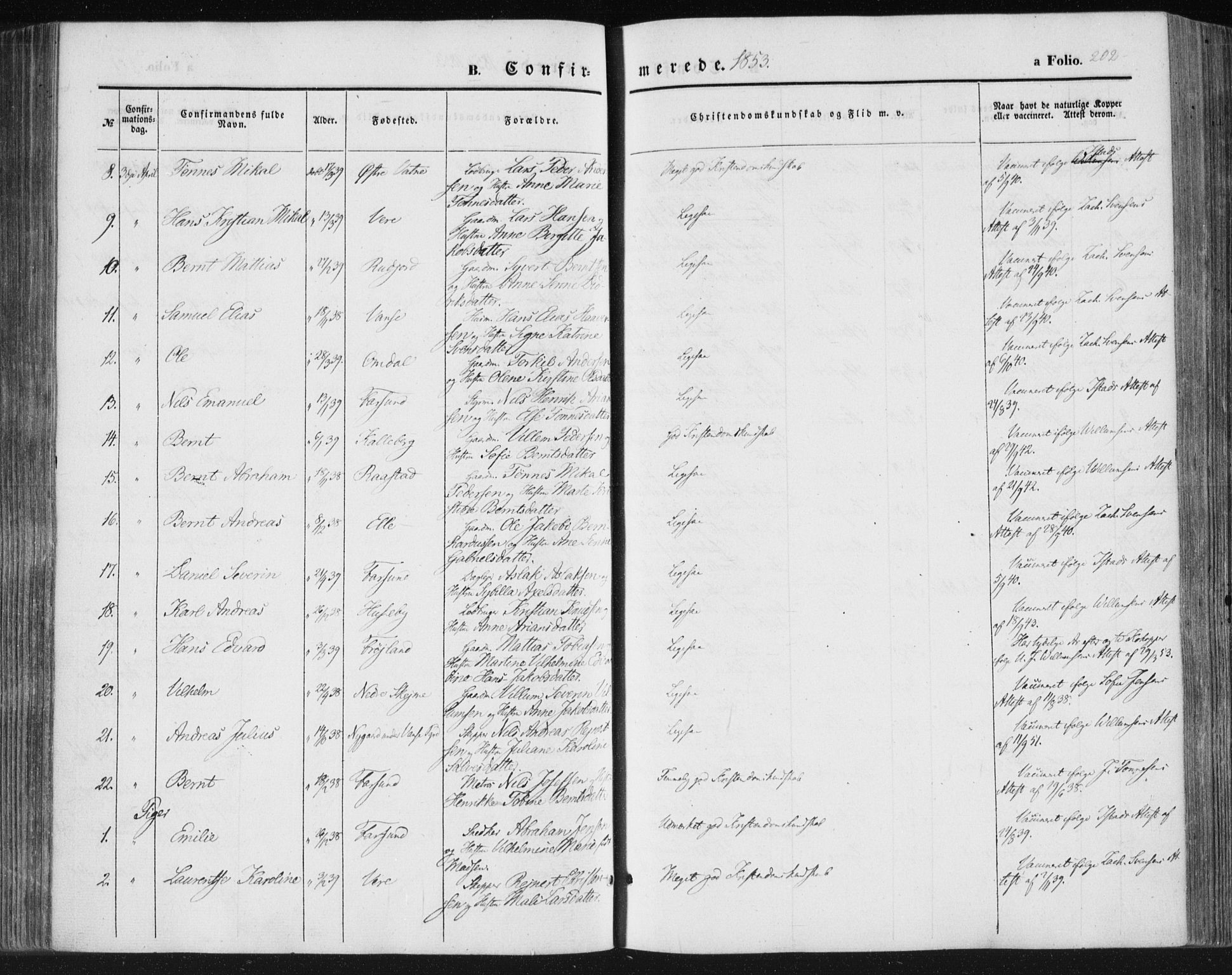 Lista sokneprestkontor, AV/SAK-1111-0027/F/Fa/L0010: Parish register (official) no. A 10, 1846-1861, p. 202