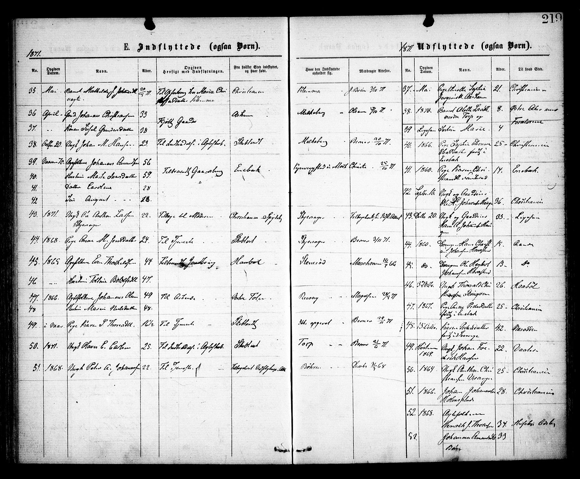 Spydeberg prestekontor Kirkebøker, SAO/A-10924/F/Fa/L0006: Parish register (official) no. I 6, 1863-1874, p. 219