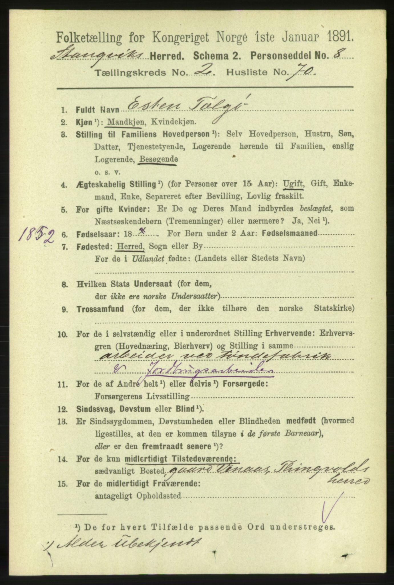 RA, 1891 census for 1564 Stangvik, 1891, p. 1157