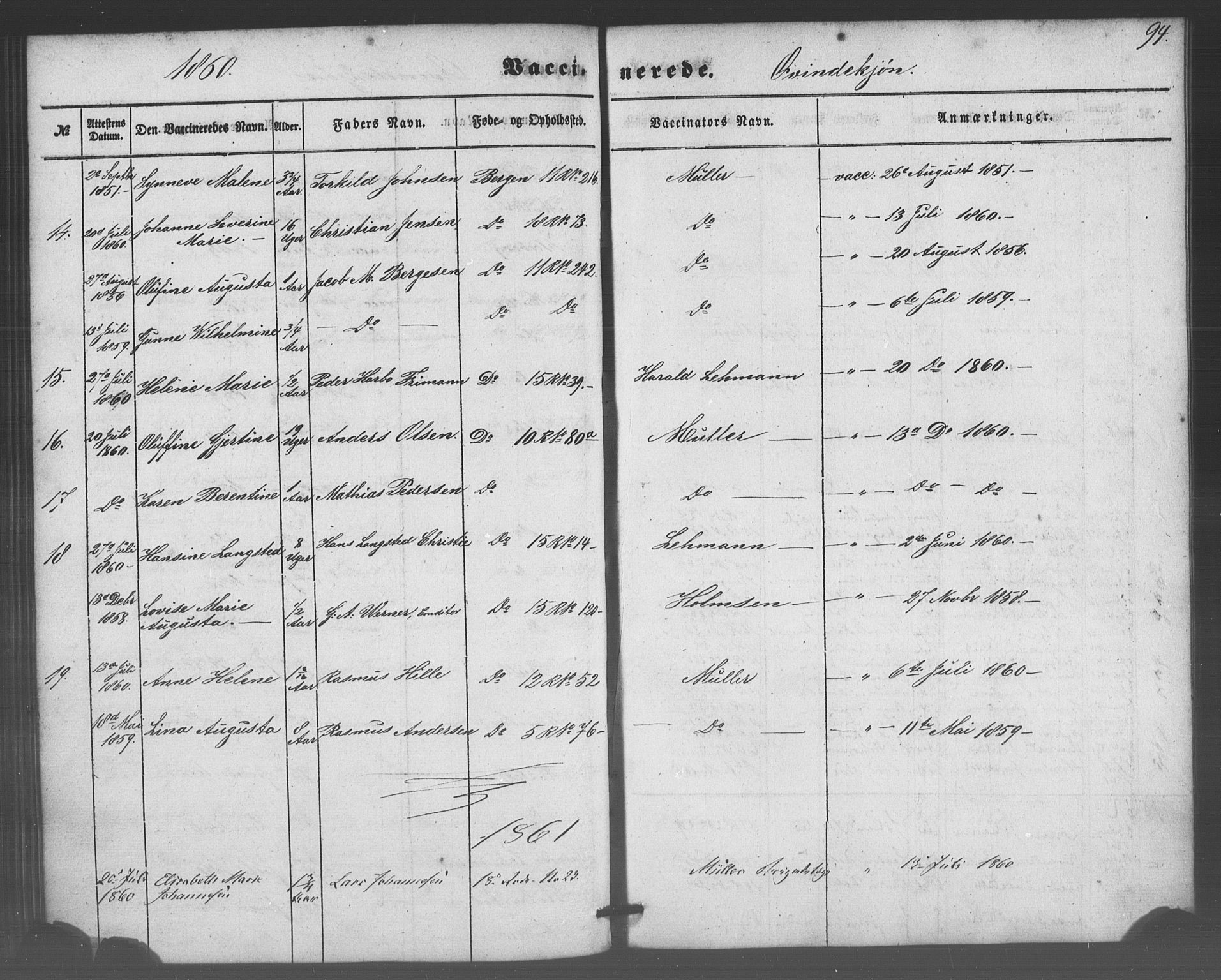 Domkirken sokneprestembete, SAB/A-74801/H/Haa/L0047: Parish register (official) no. F 2, 1852-1868, p. 94