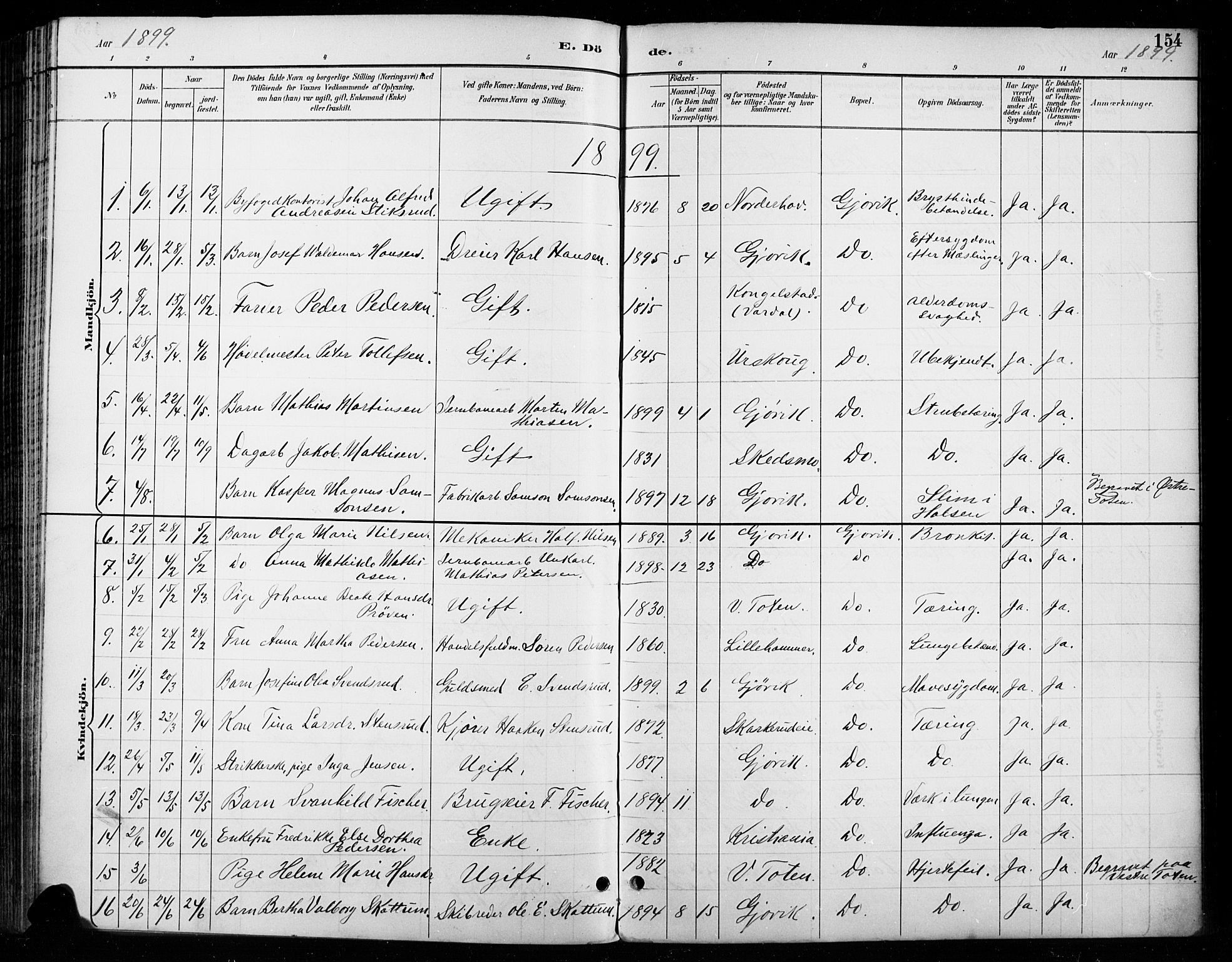 Vardal prestekontor, SAH/PREST-100/H/Ha/Haa/L0011: Parish register (official) no. 11, 1891-1901, p. 154