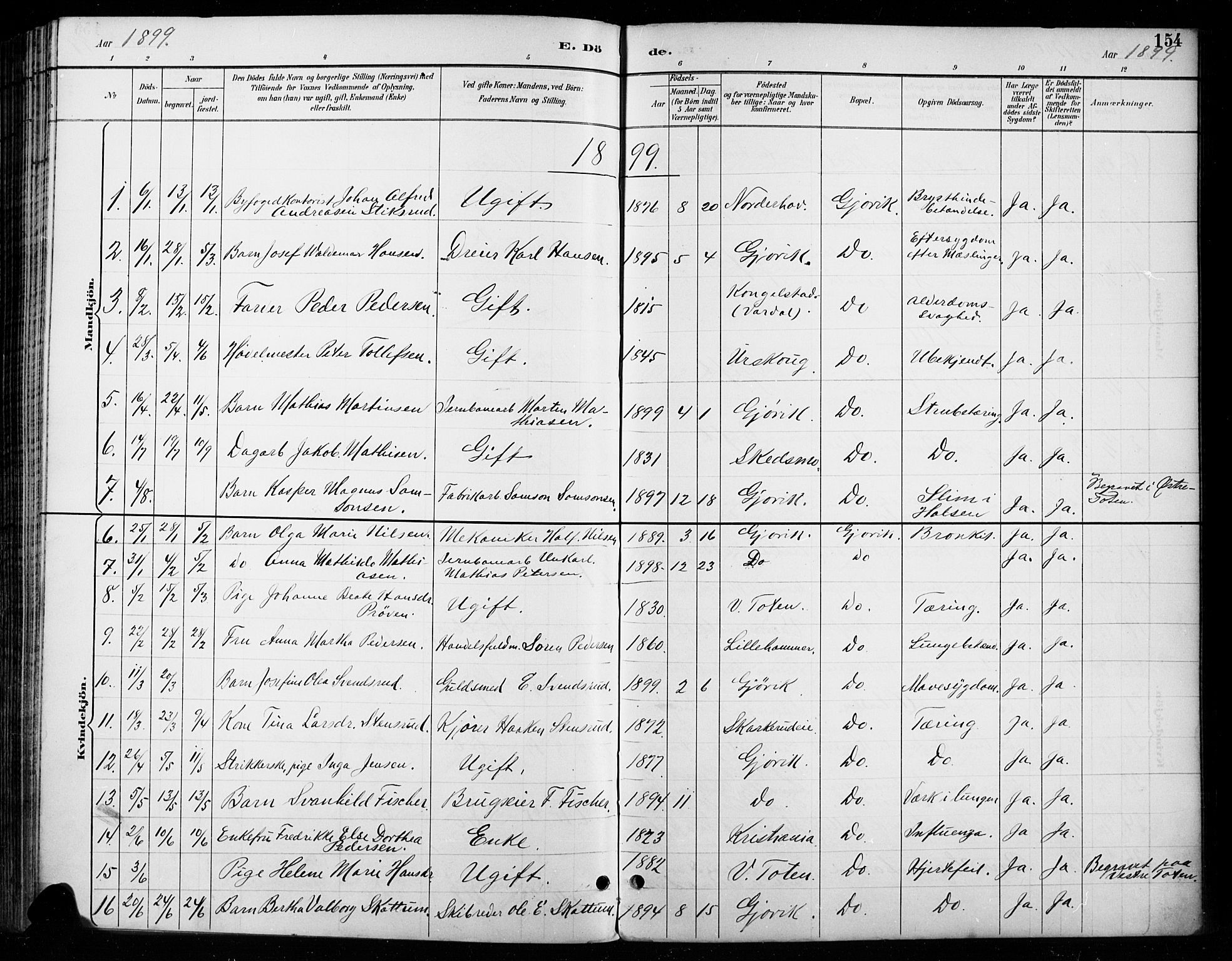 Vardal prestekontor, AV/SAH-PREST-100/H/Ha/Haa/L0011: Parish register (official) no. 11, 1891-1901, p. 154