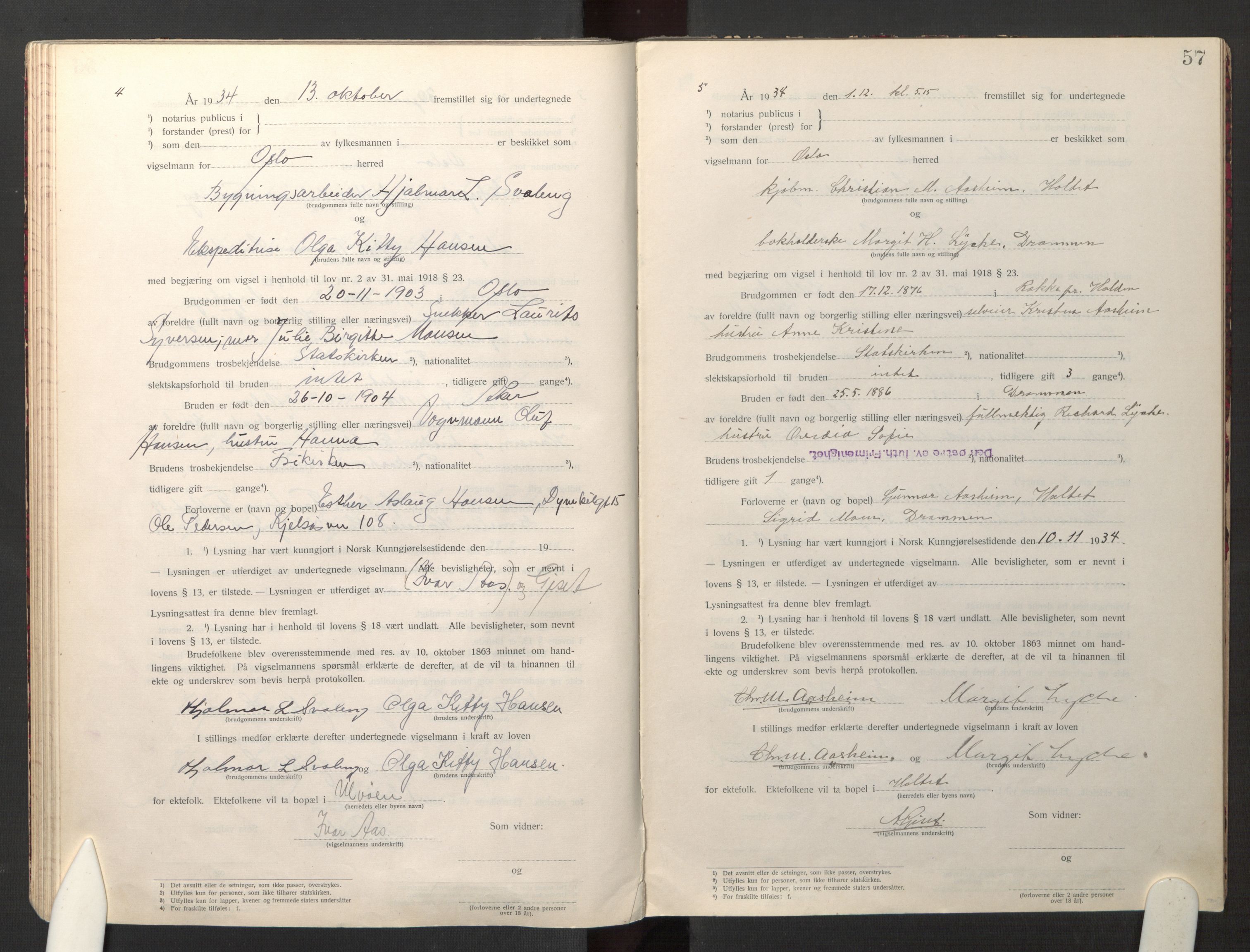 Den evangelisk-lutherske frikirke østre menighet, Oslo, AV/SAO-PAO-0245/F/L0005: Marriage register (dissenter) no. 5, 1920-1941, p. 57