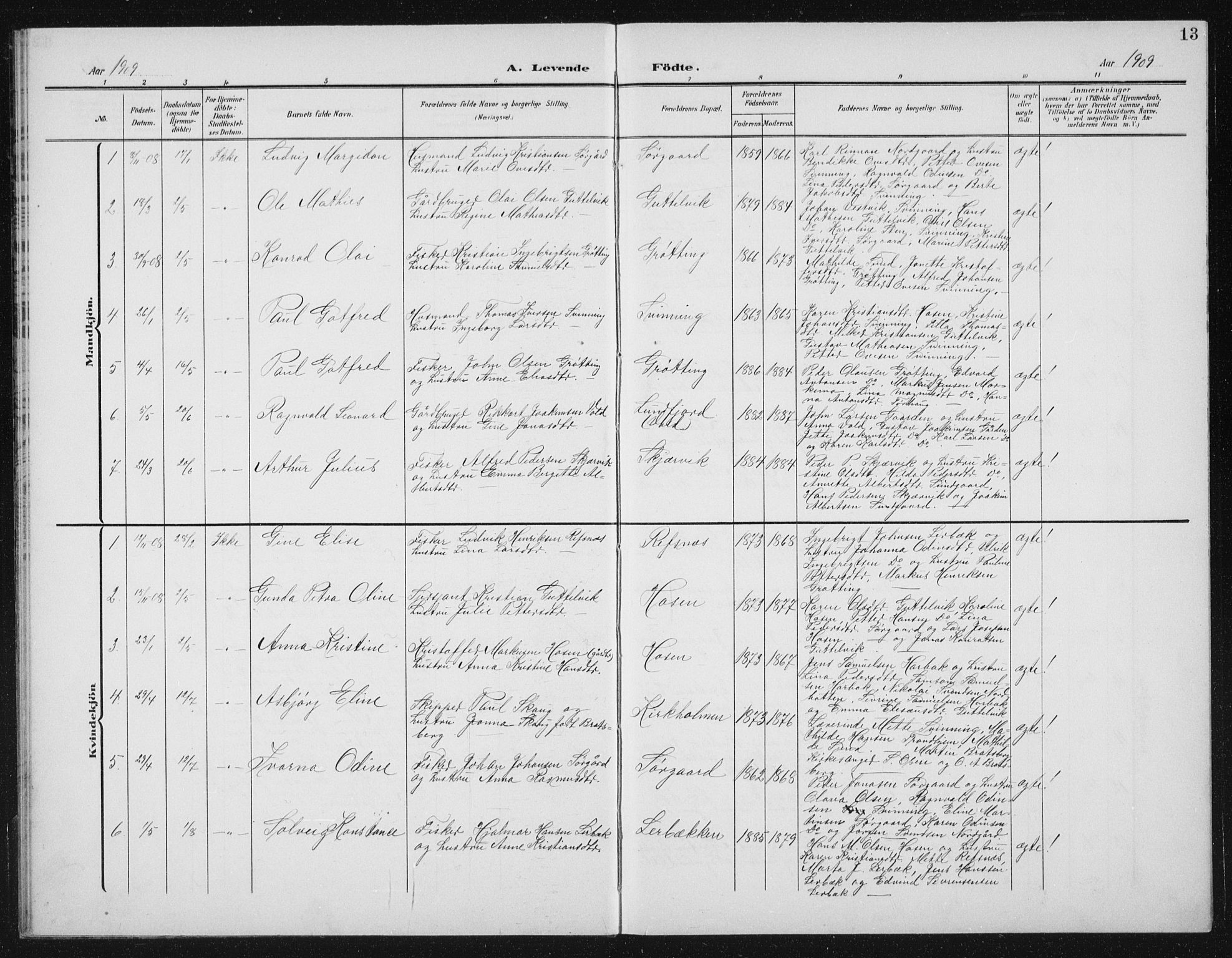 Ministerialprotokoller, klokkerbøker og fødselsregistre - Sør-Trøndelag, SAT/A-1456/656/L0699: Parish register (copy) no. 656C05, 1905-1920, p. 13