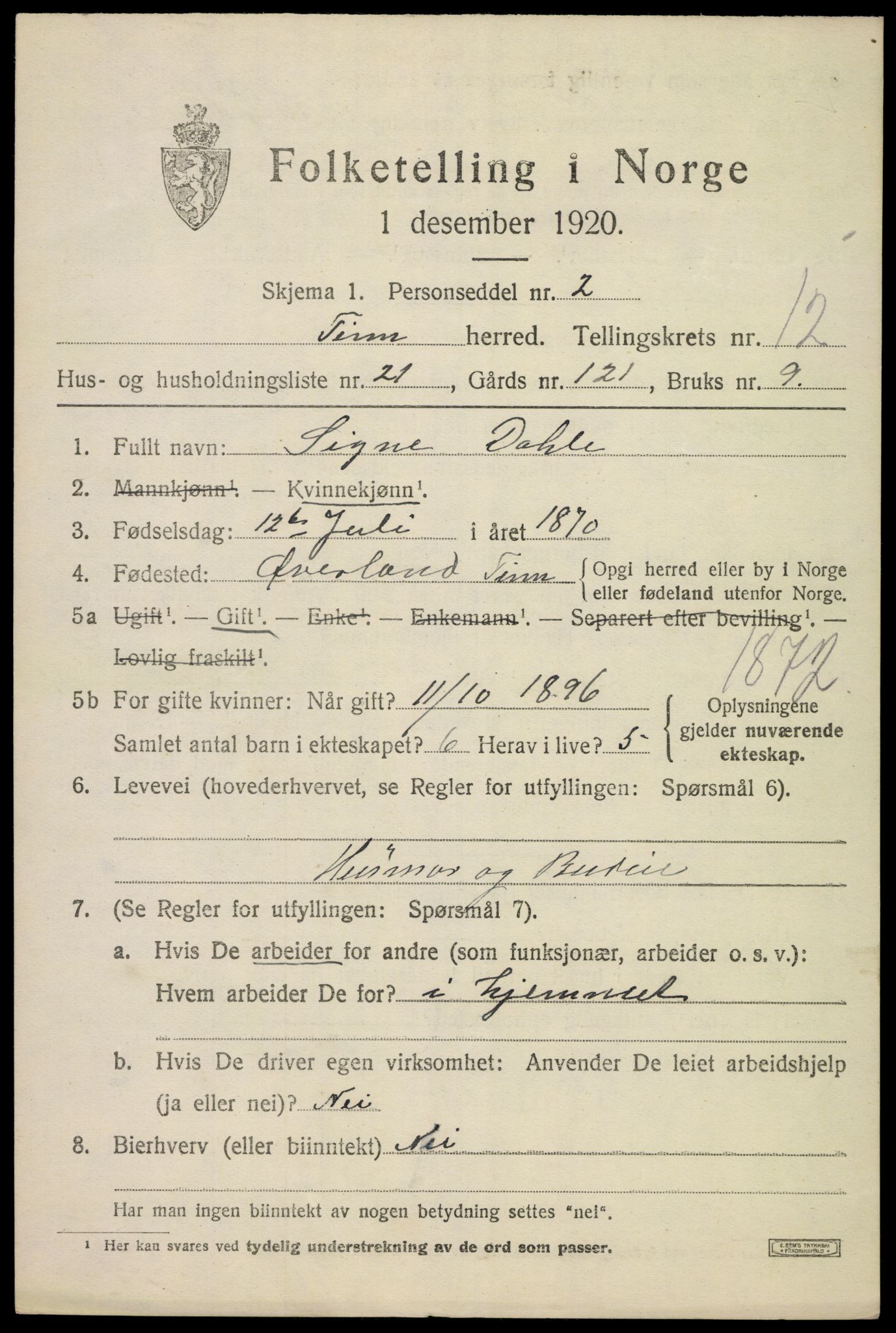 SAKO, 1920 census for Tinn, 1920, p. 7952