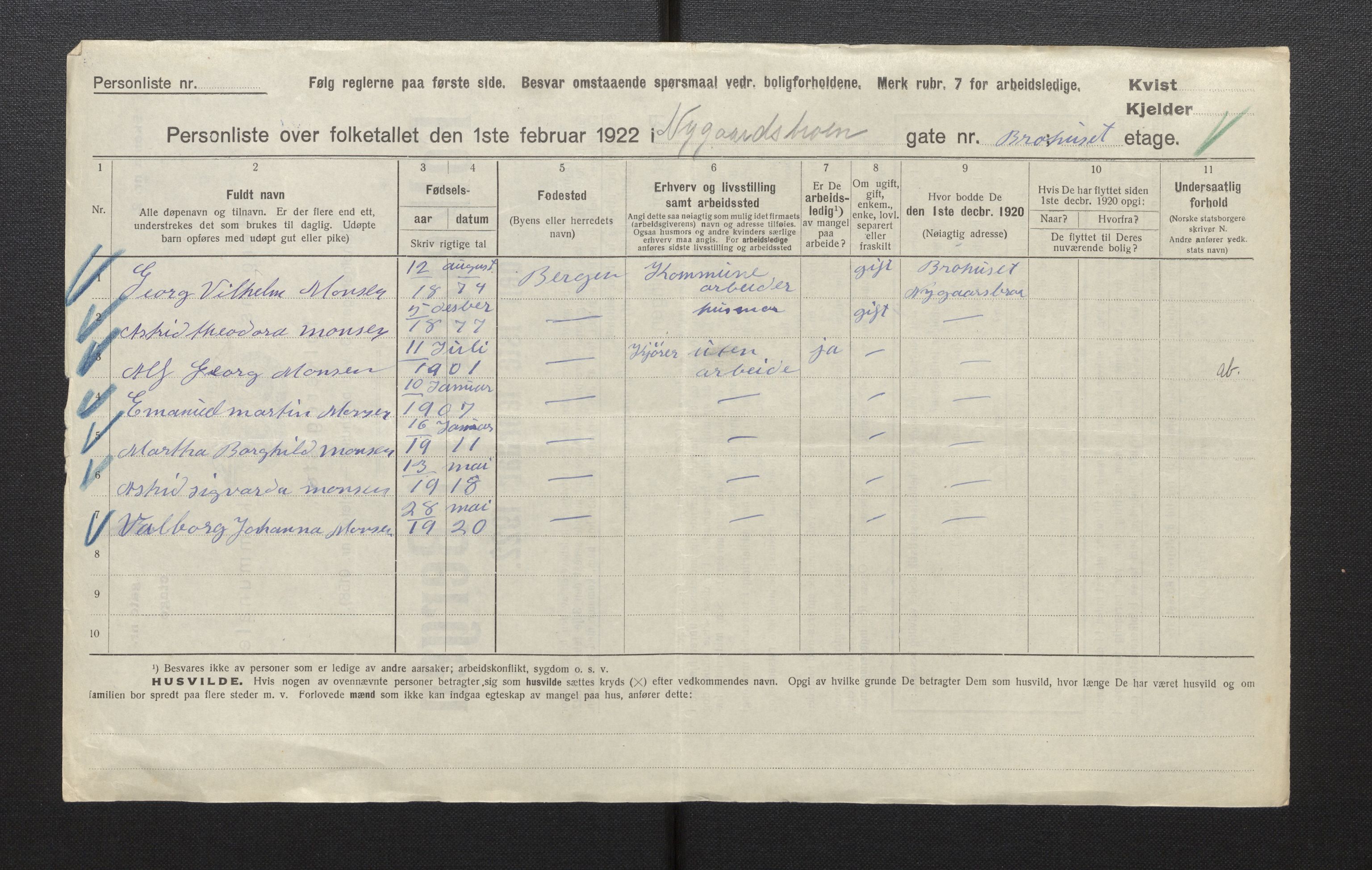 SAB, Municipal Census 1922 for Bergen, 1922, p. 28185