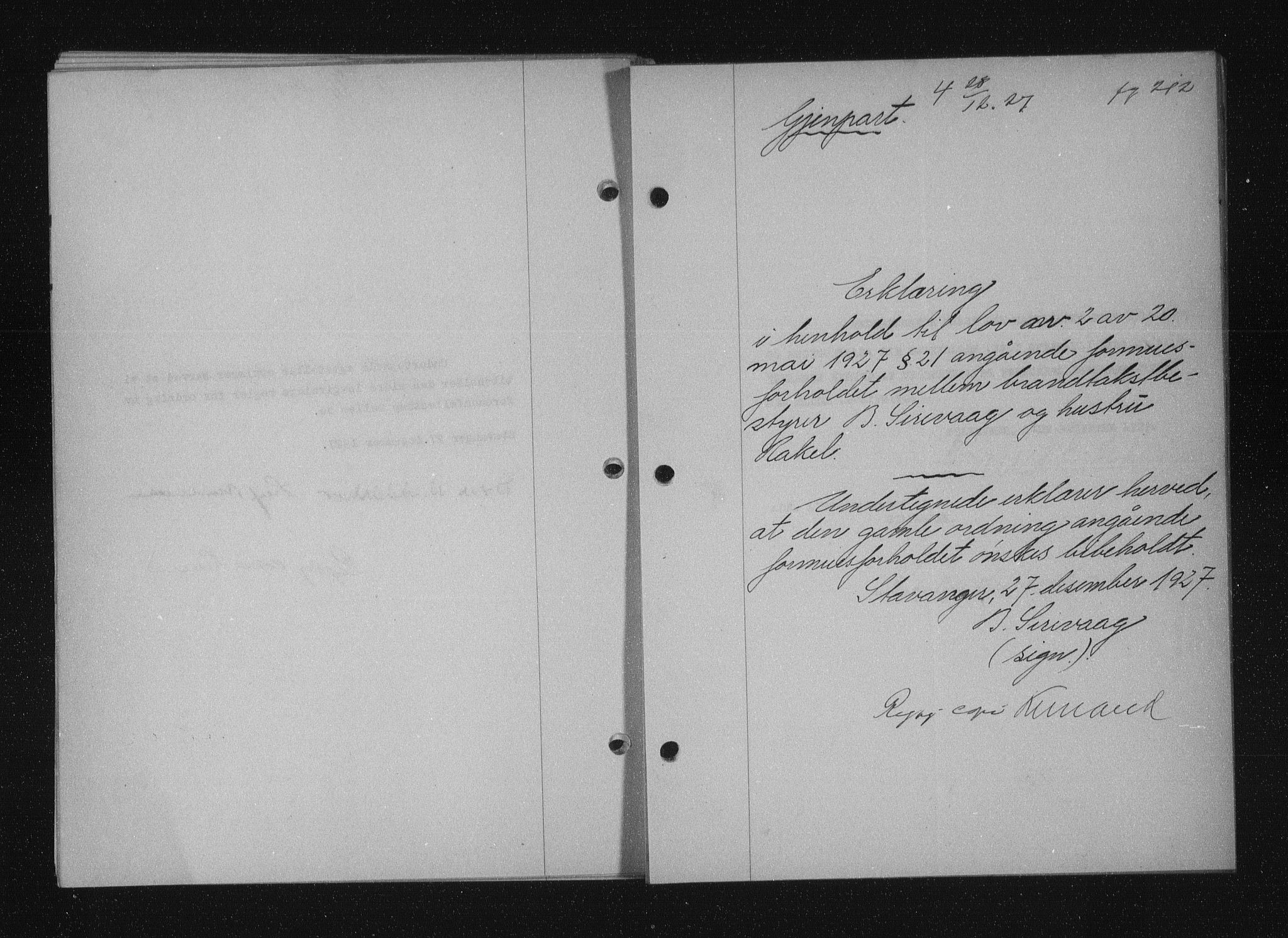 Stavanger byfogd, SAST/A-101408/001/4/41/410/410BB/L0053: Mortgage book no. 41, 1927-1928, Deed date: 28.12.1927