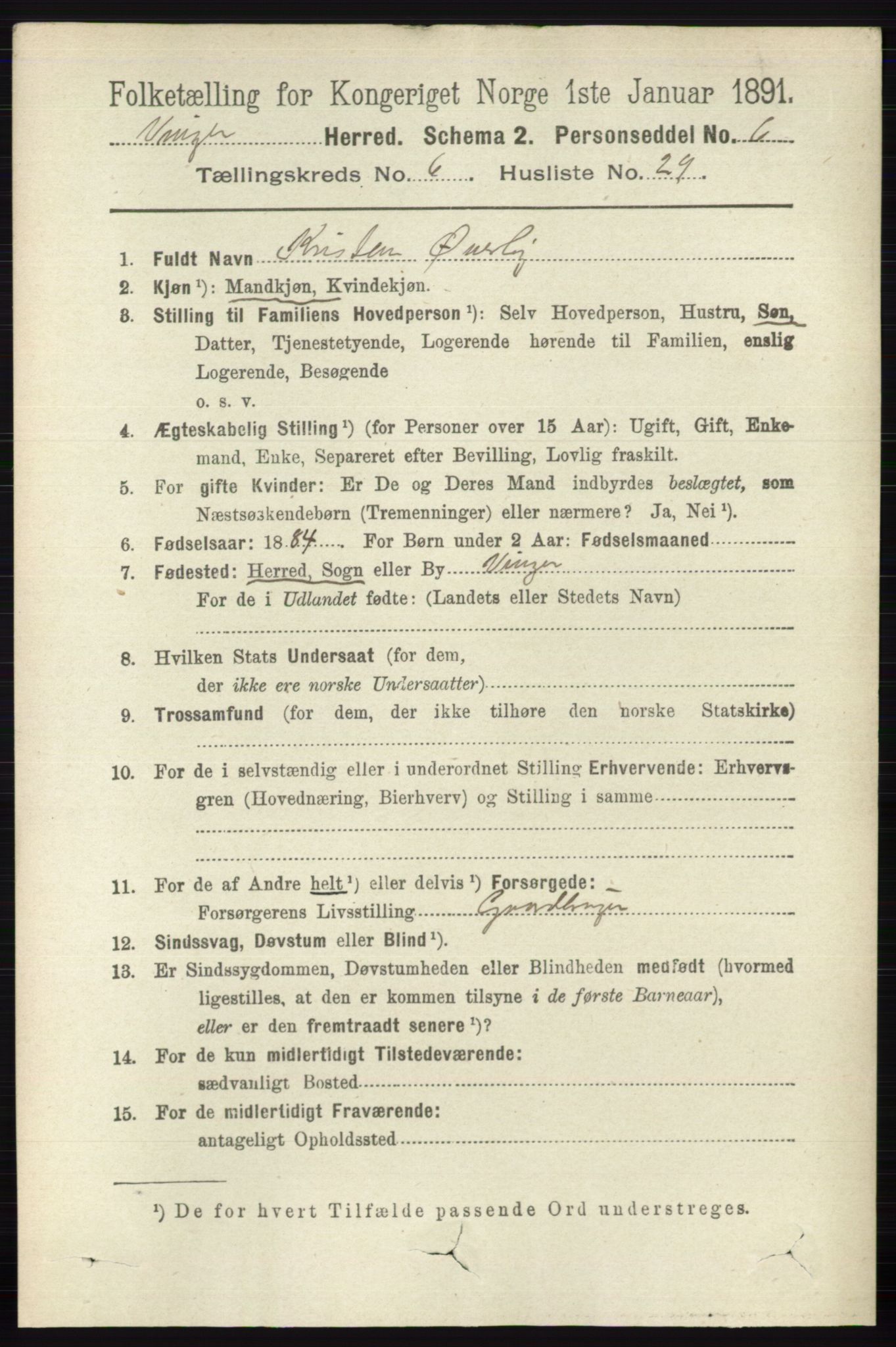 RA, 1891 census for 0421 Vinger, 1891, p. 2783