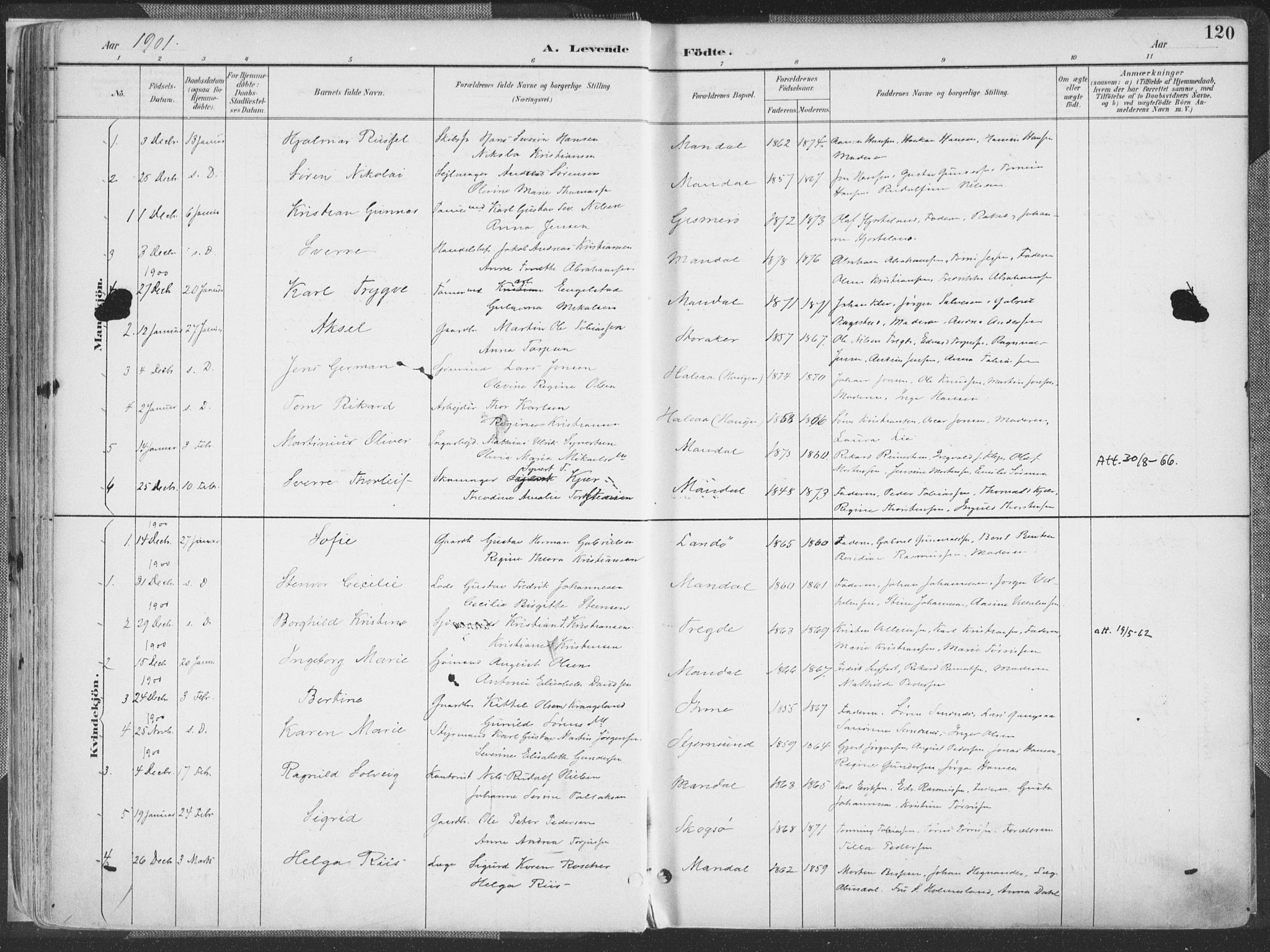 Mandal sokneprestkontor, SAK/1111-0030/F/Fa/Faa/L0018: Parish register (official) no. A 18, 1890-1905, p. 120