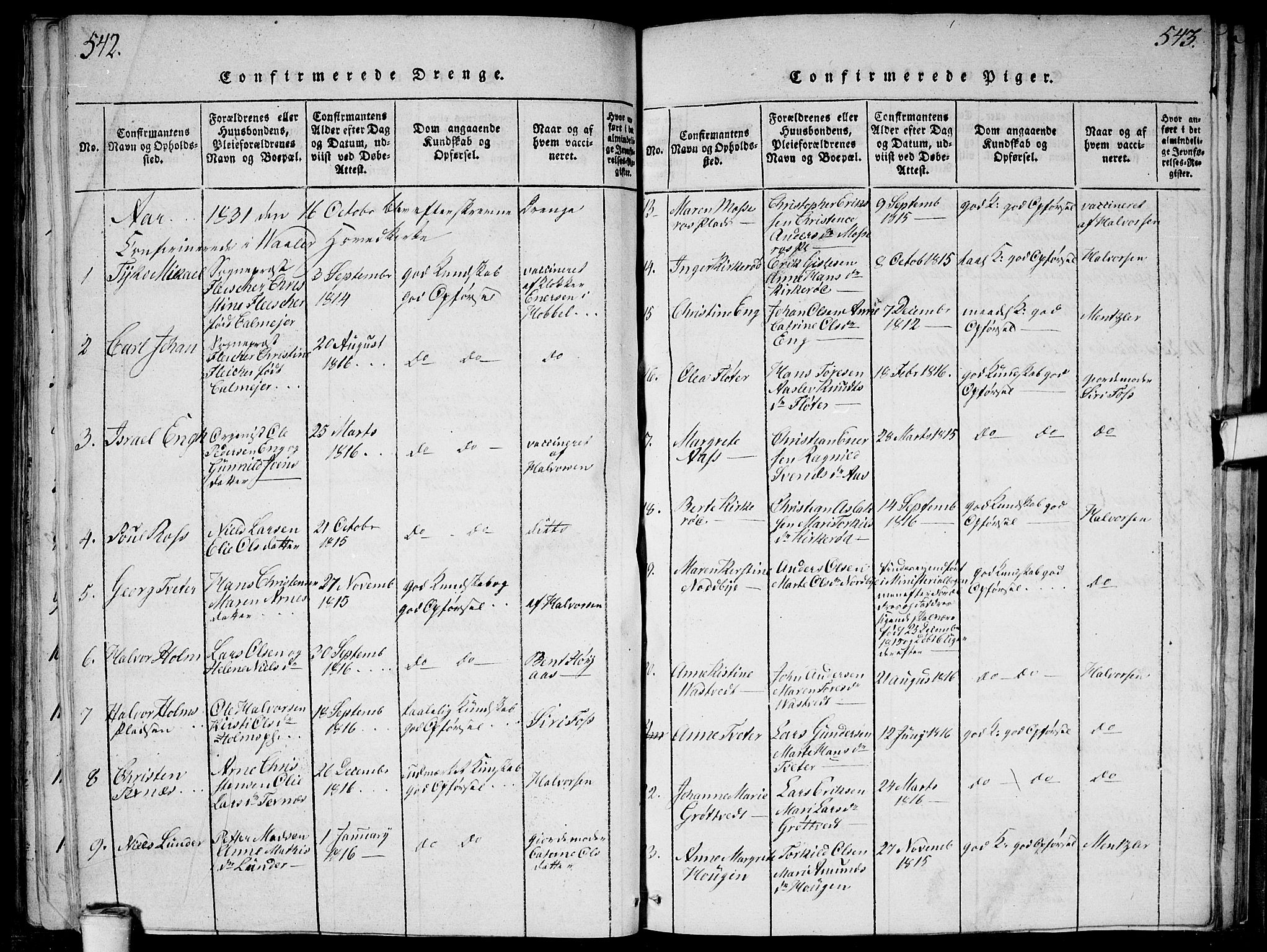 Våler prestekontor Kirkebøker, SAO/A-11083/G/Ga/L0001: Parish register (copy) no. I 1, 1815-1839, p. 542-543