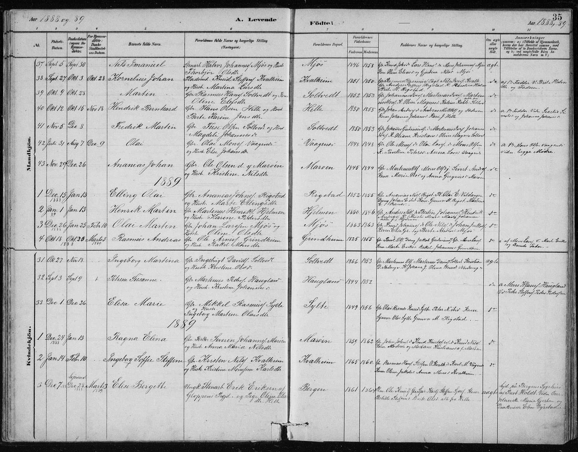 Manger sokneprestembete, SAB/A-76801/H/Hab: Parish register (copy) no. B 2, 1882-1890, p. 35