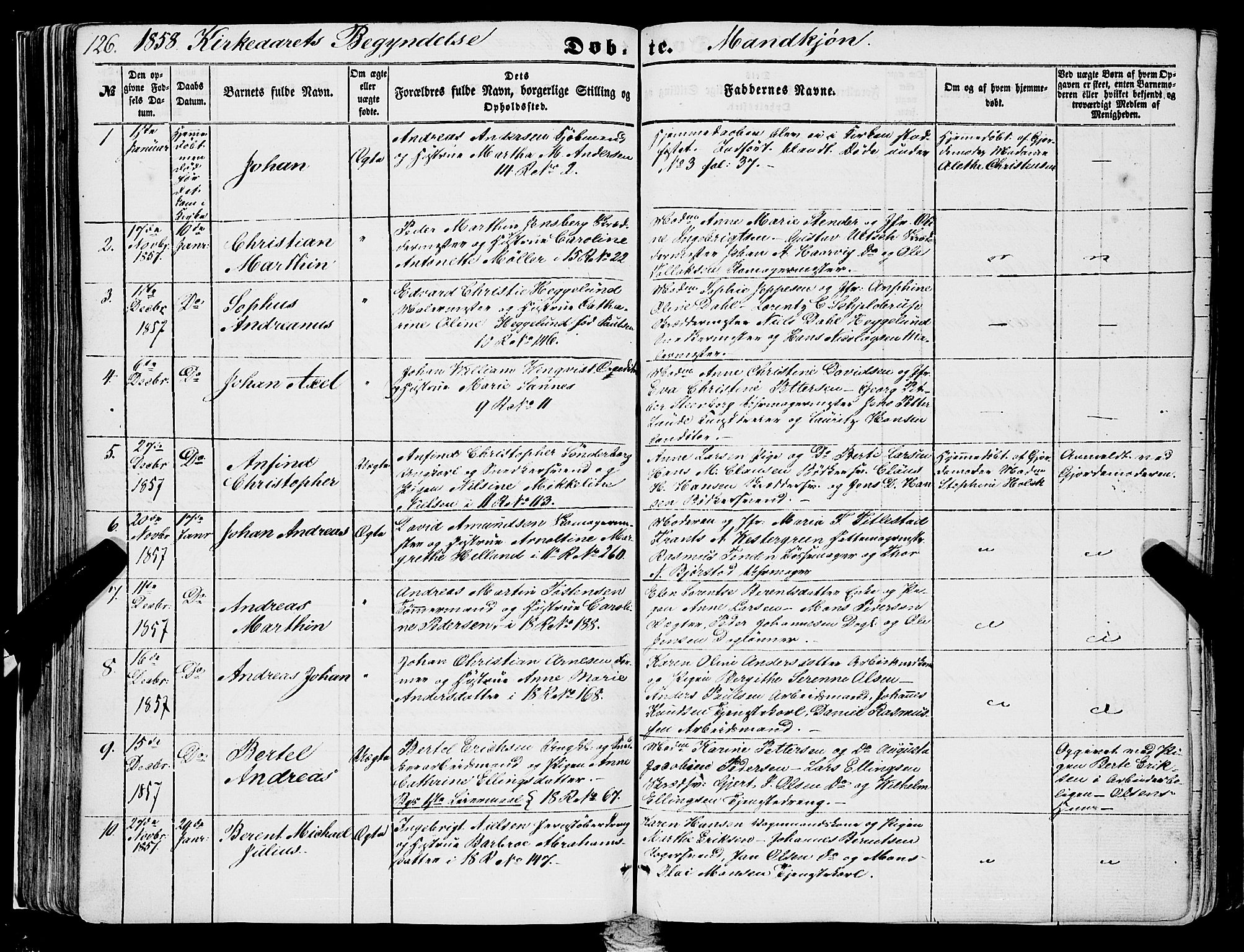 Domkirken sokneprestembete, SAB/A-74801/H/Haa/L0020: Parish register (official) no. B 3, 1851-1859, p. 126