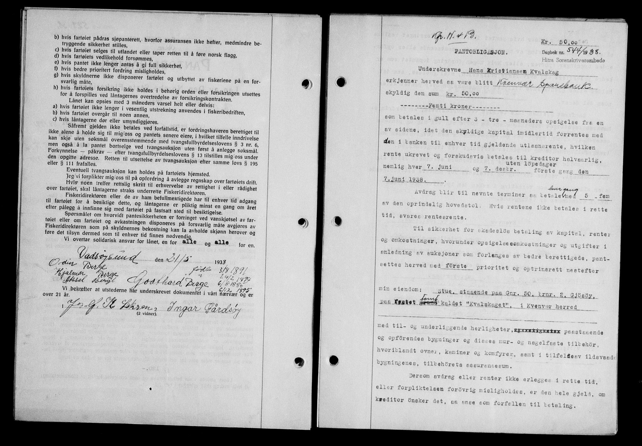 Hitra sorenskriveri, AV/SAT-A-0018/2/2C/2Ca/L0028: Mortgage book no. B-1, 1936-1939, Diary no: : 544/1938