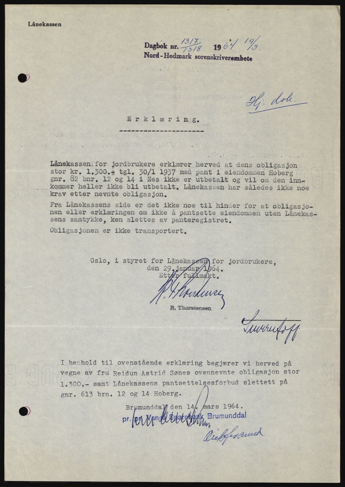 Nord-Hedmark sorenskriveri, SAH/TING-012/H/Hc/L0019: Mortgage book no. 19, 1963-1964, Diary no: : 1317/1964