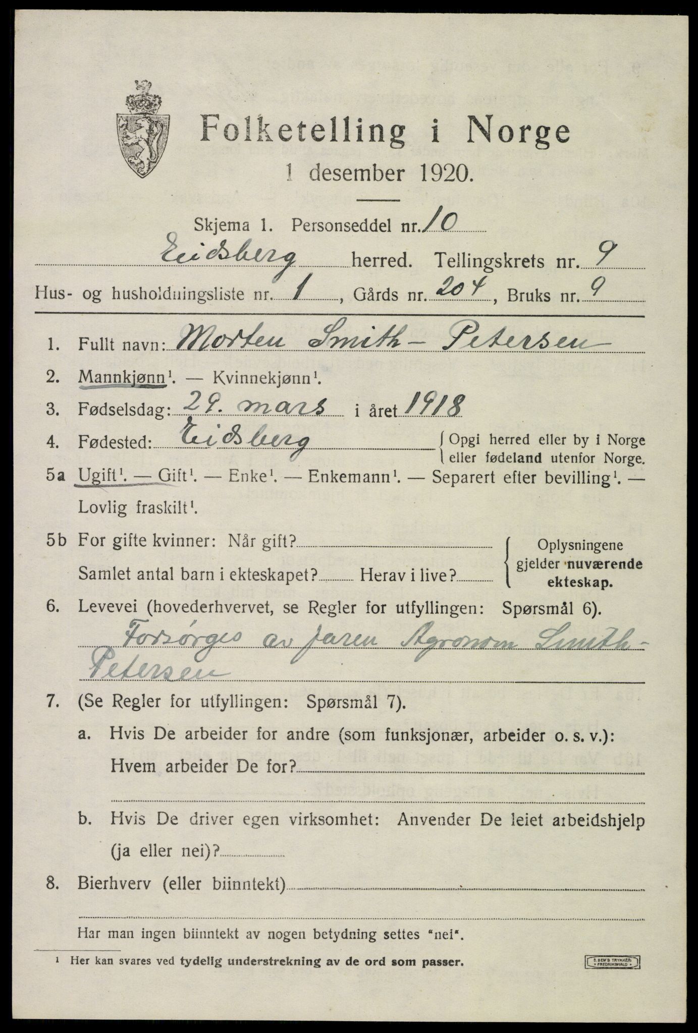 SAO, 1920 census for Eidsberg, 1920, p. 10473