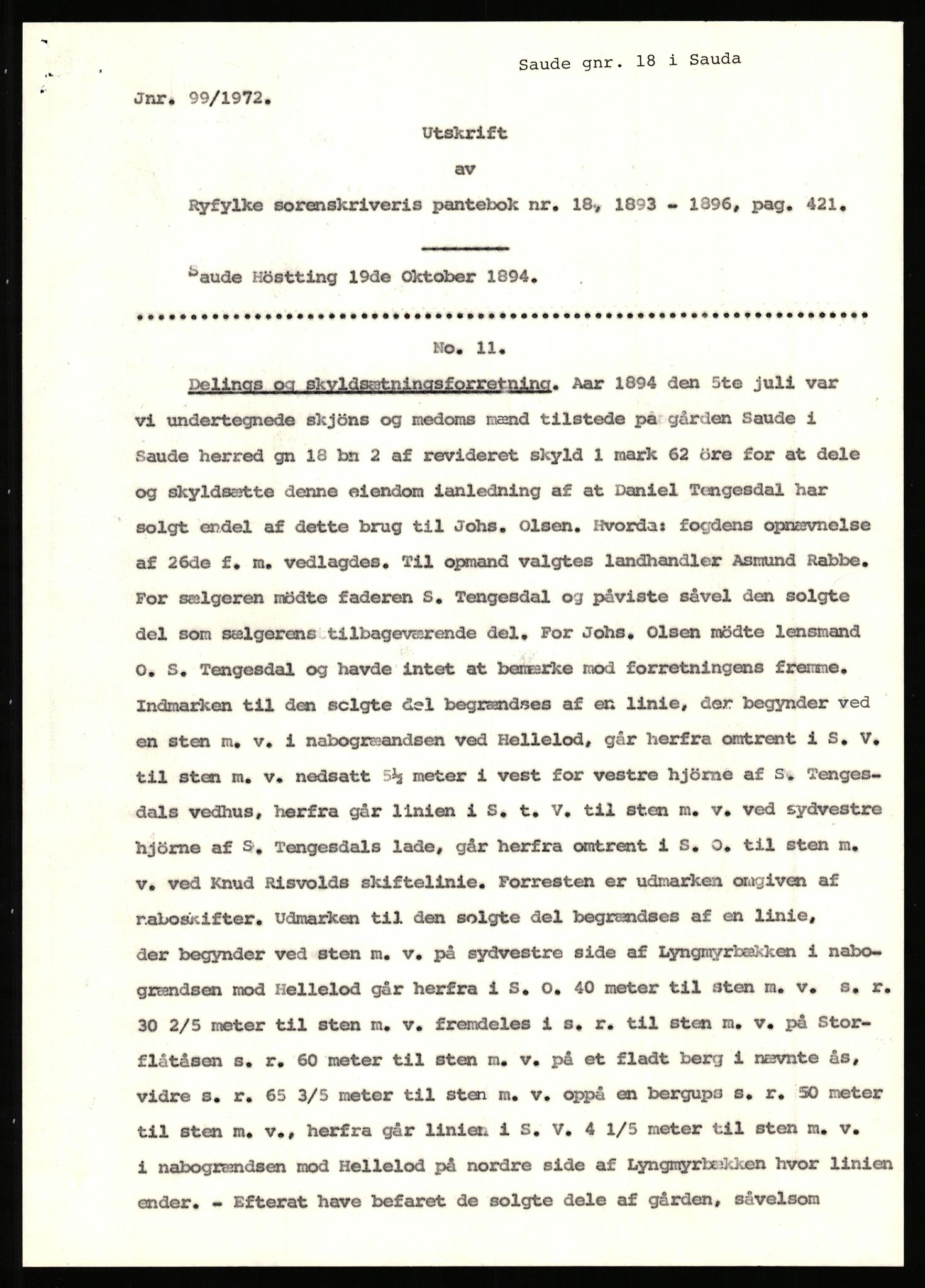 Statsarkivet i Stavanger, SAST/A-101971/03/Y/Yj/L0073: Avskrifter sortert etter gårdsnavn: Sandstøl ytre - Selland, 1750-1930, p. 174