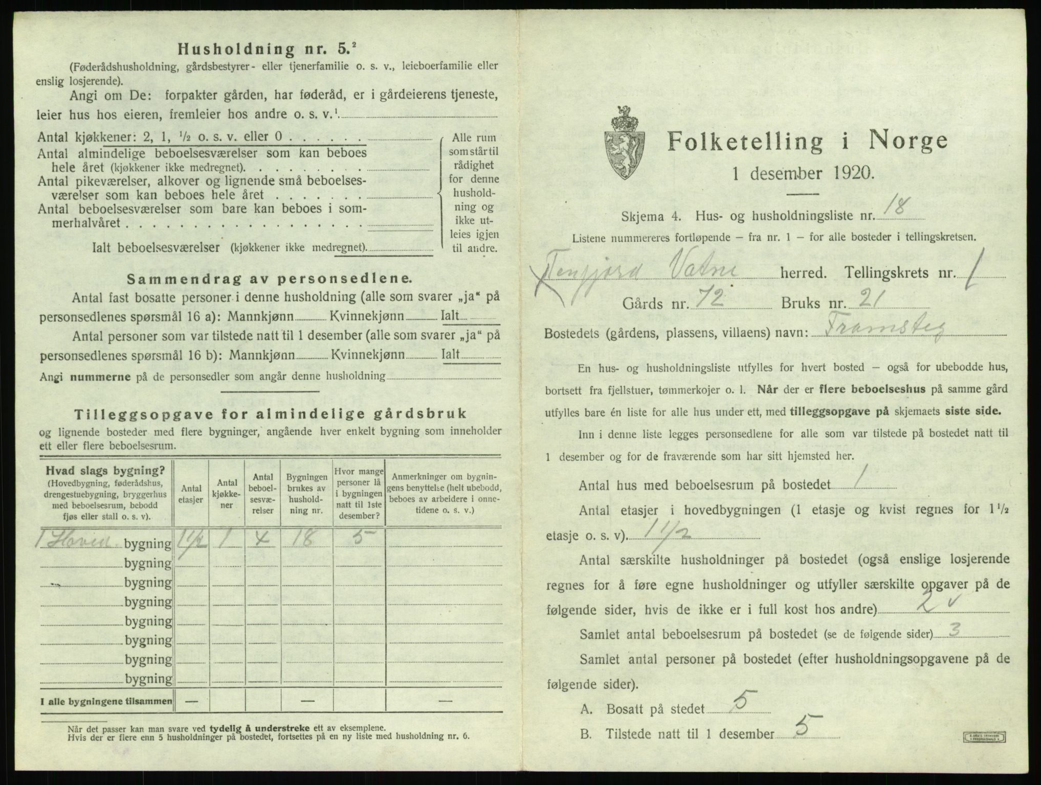 SAT, 1920 census for Vatne, 1920, p. 74