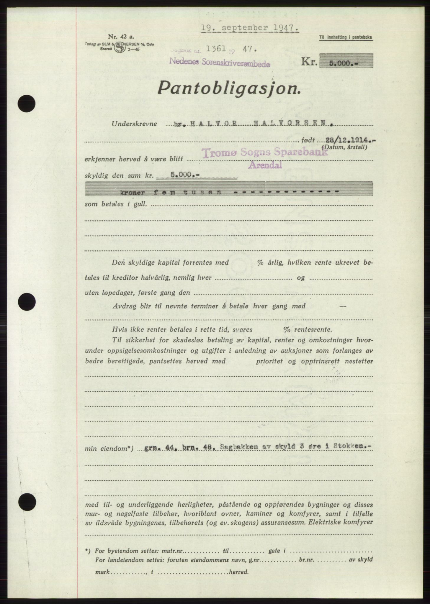 Nedenes sorenskriveri, AV/SAK-1221-0006/G/Gb/Gbb/L0004: Mortgage book no. B4, 1947-1947, Diary no: : 1361/1947