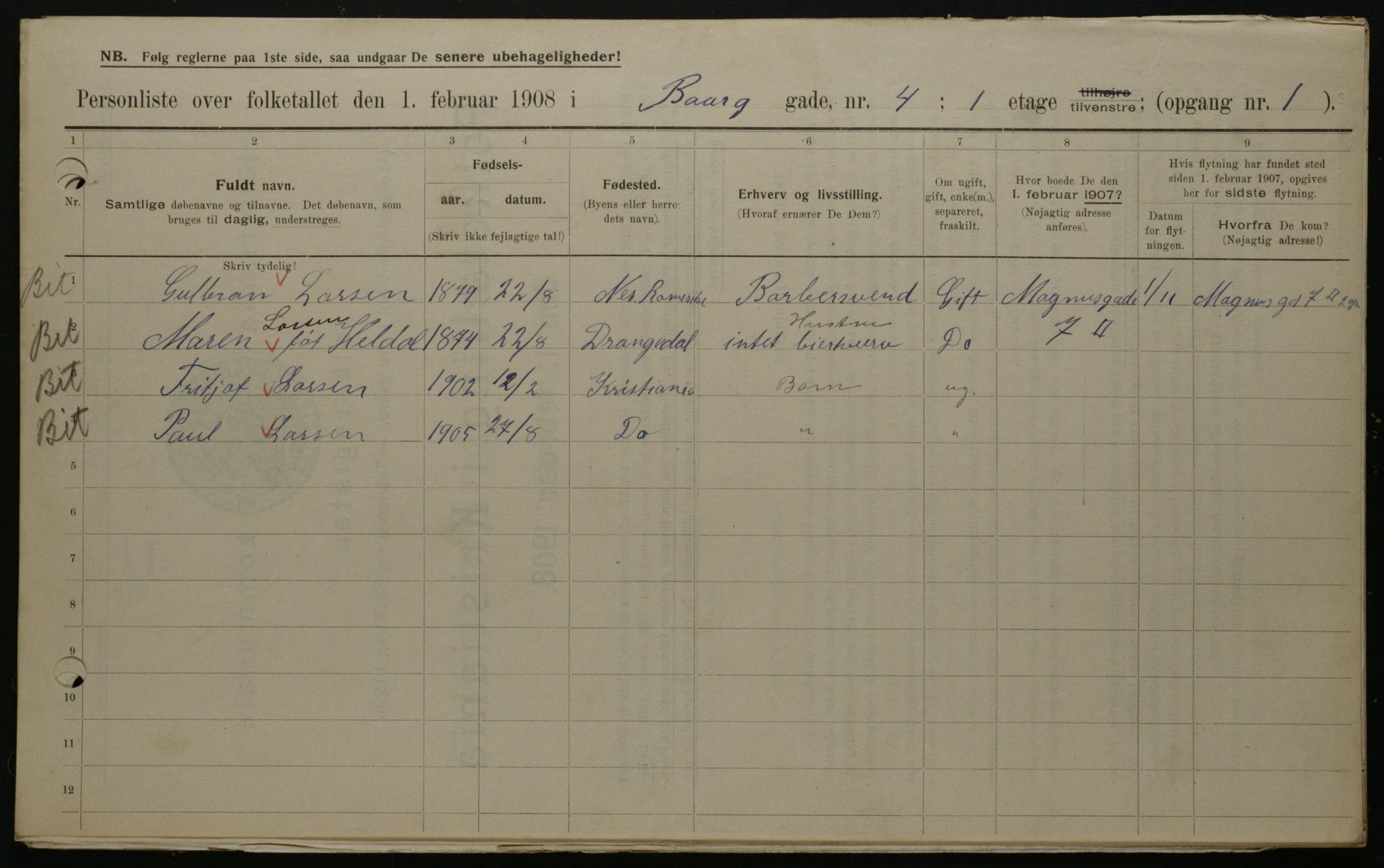 OBA, Municipal Census 1908 for Kristiania, 1908, p. 7511