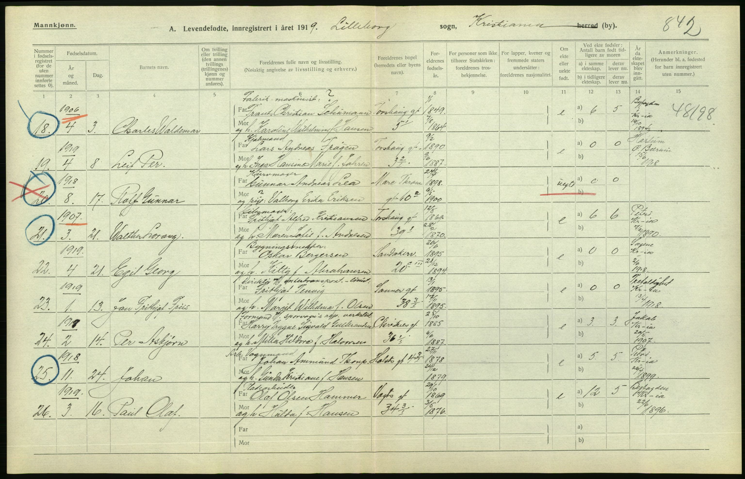 Statistisk sentralbyrå, Sosiodemografiske emner, Befolkning, AV/RA-S-2228/D/Df/Dfb/Dfbi/L0008: Kristiania: Levendefødte menn og kvinner., 1919