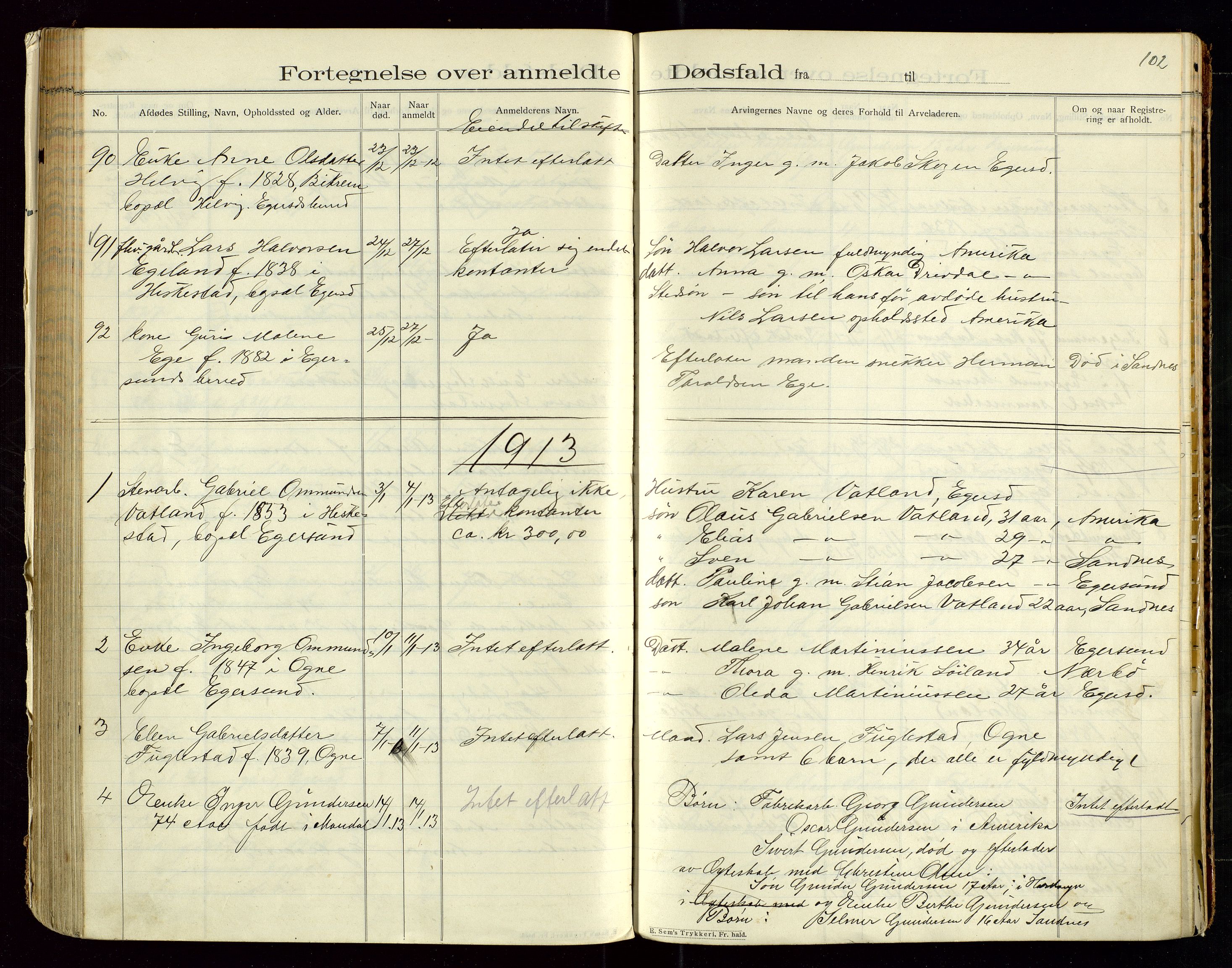 Eigersund lensmannskontor, SAST/A-100171/Gga/L0005: "Dødsfalds-Protokol" m/alfabetisk navneregister, 1905-1913, p. 102