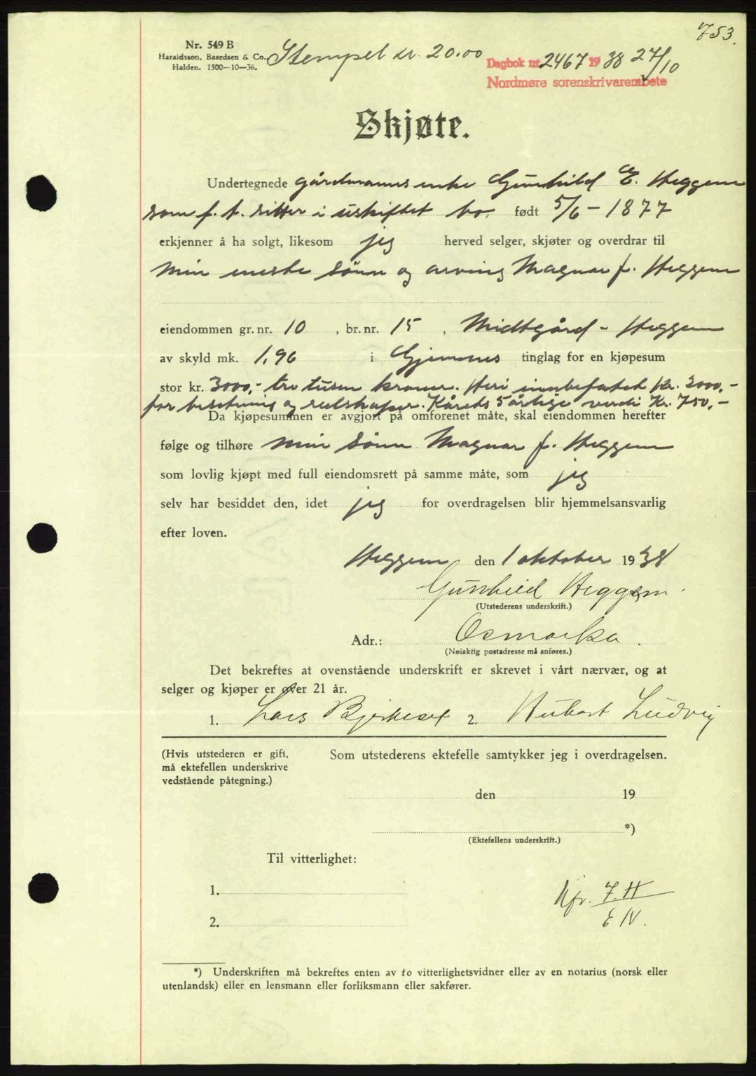 Nordmøre sorenskriveri, SAT/A-4132/1/2/2Ca: Mortgage book no. A84, 1938-1938, Diary no: : 2466/1938