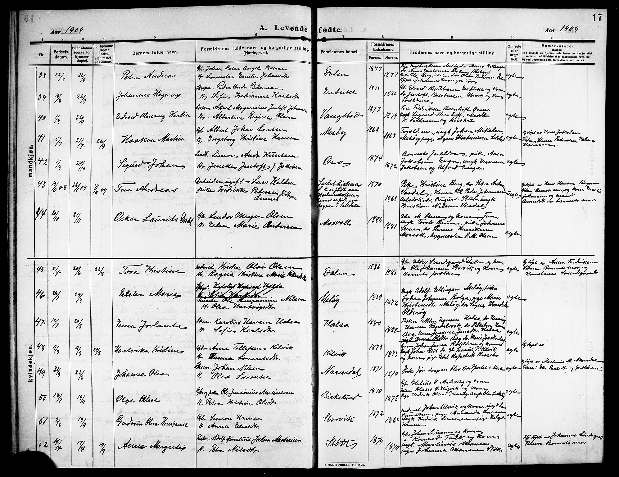 Ministerialprotokoller, klokkerbøker og fødselsregistre - Nordland, AV/SAT-A-1459/843/L0639: Parish register (copy) no. 843C08, 1908-1924, p. 17