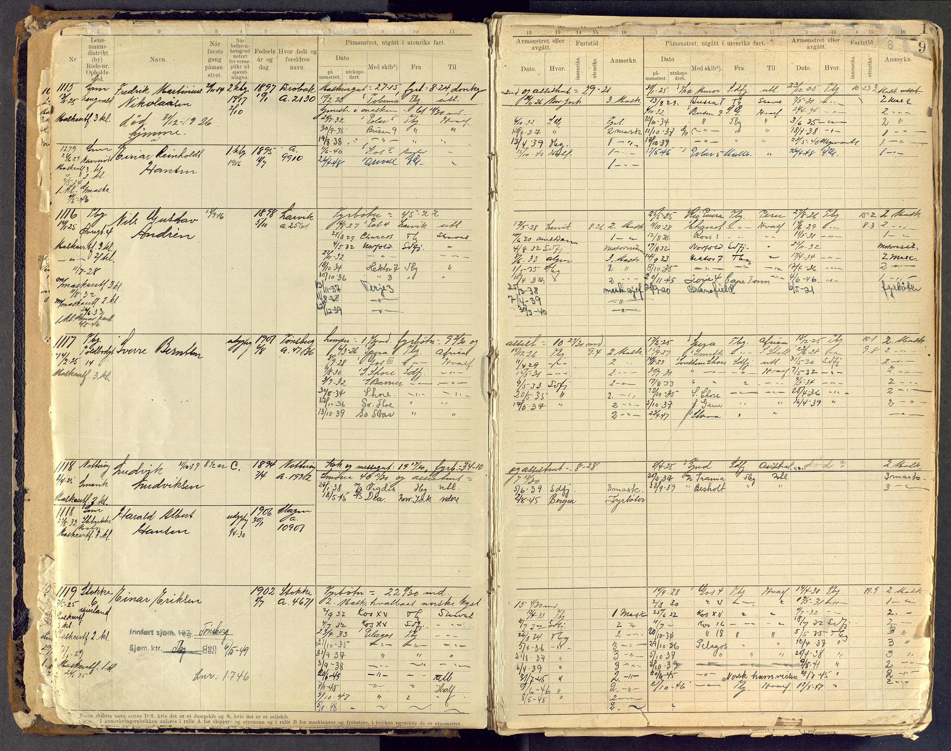 Tønsberg innrulleringskontor, AV/SAKO-A-786/F/Fe/L0005: Maskinist- og fyrbøterrulle Patent nr. 1080-1993, 1923-1945, p. 8