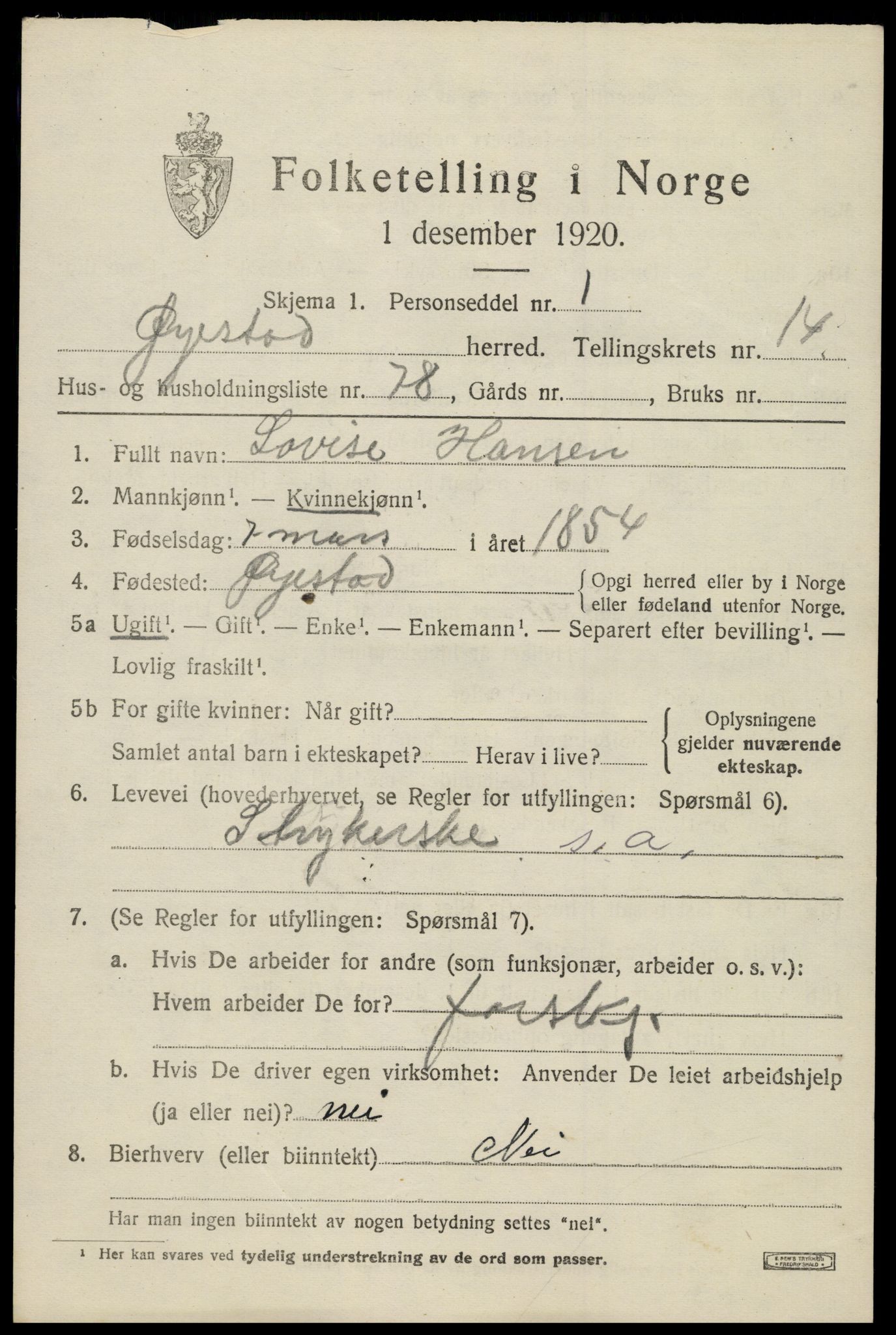 SAK, 1920 census for Øyestad, 1920, p. 10092