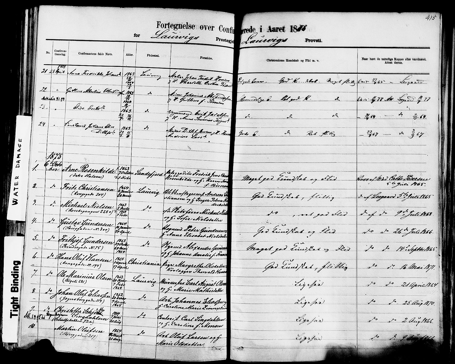 Larvik kirkebøker, AV/SAKO-A-352/F/Fa/L0006: Parish register (official) no. I 6, 1871-1883, p. 415